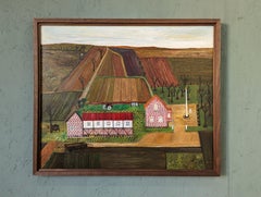 Vintage Mid-Century Naïve Style Landscape Framed Oil Painting - The Working Farm