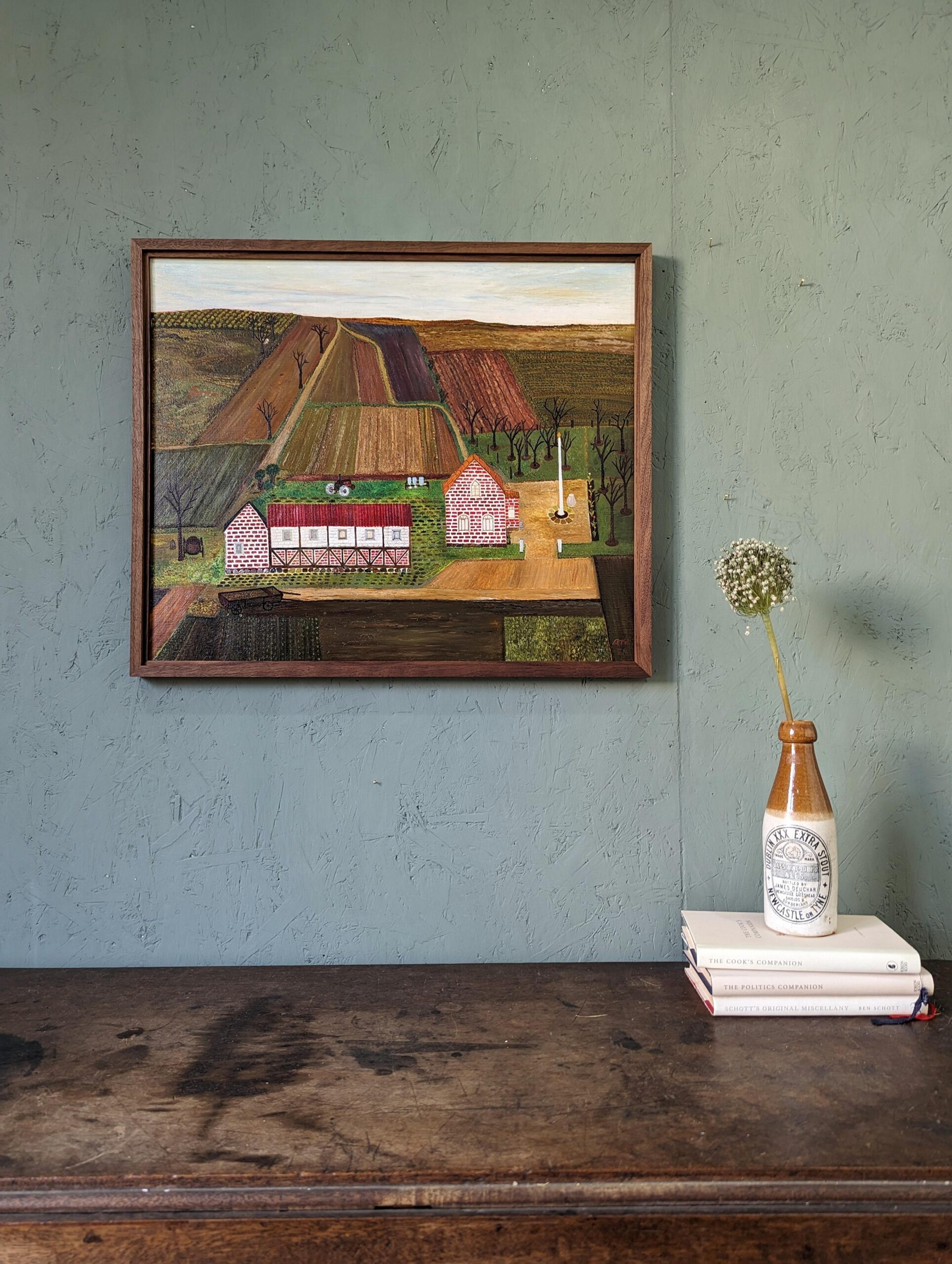 Peinture à l'huile encadrée de style naïf du milieu du siècle - La ferme en activité - Moderne Painting par Unknown