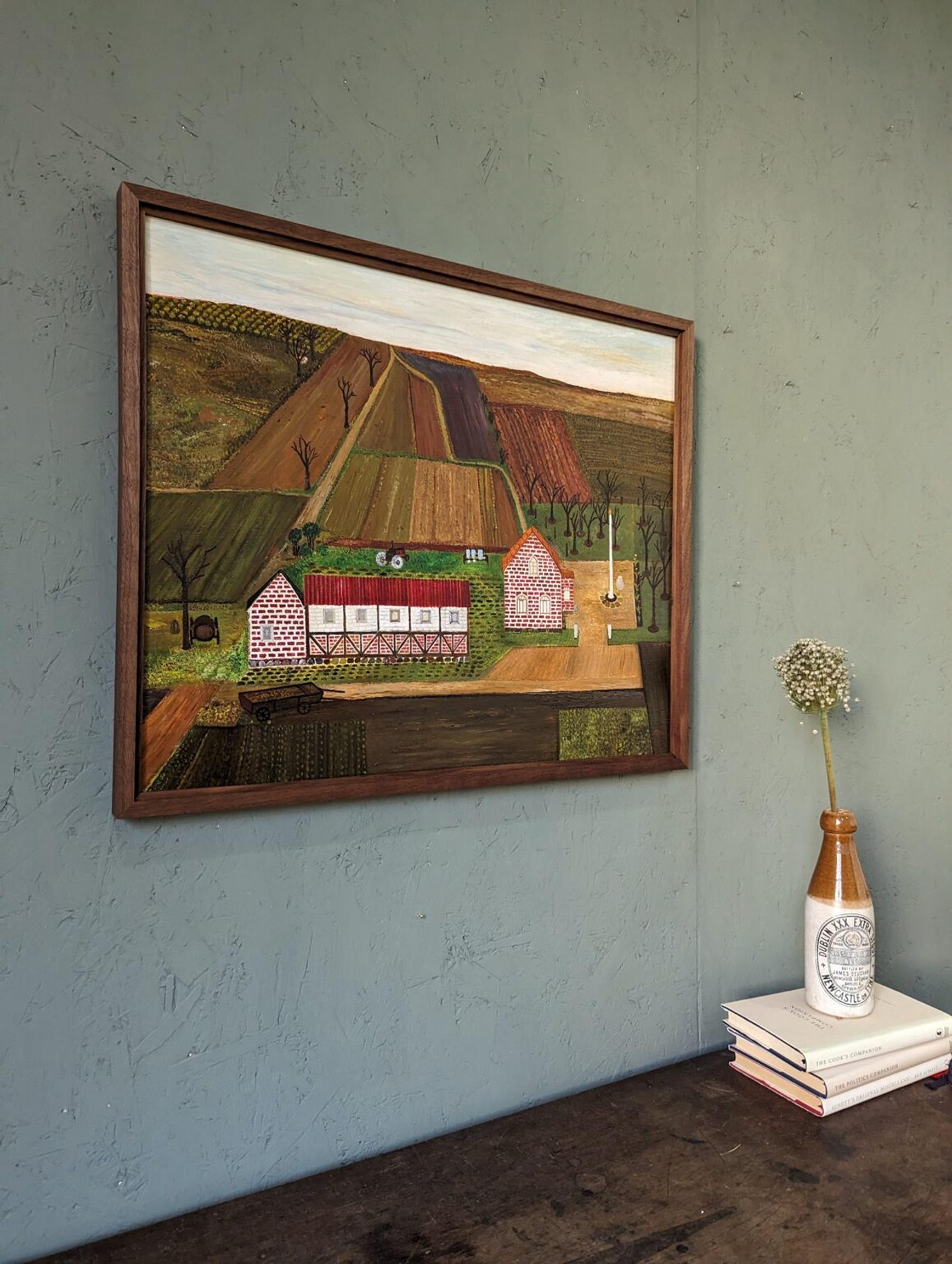 Vintage Mid-Century Naïve Style Landscape Framed Oil Painting - The Working Farm For Sale 2