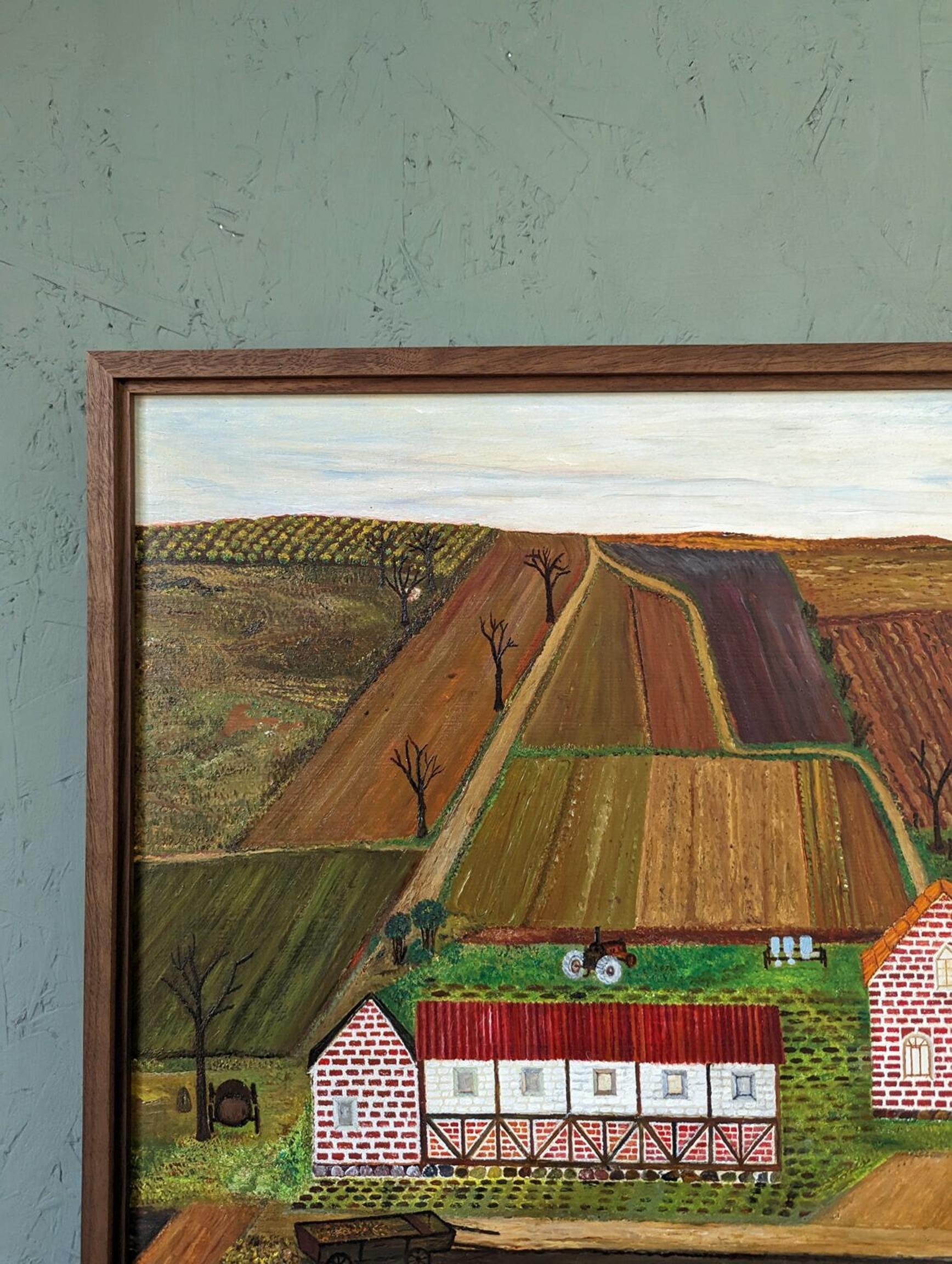 Vintage Mid-Century Naïve Style Landscape Framed Oil Painting - The Working Farm For Sale 3