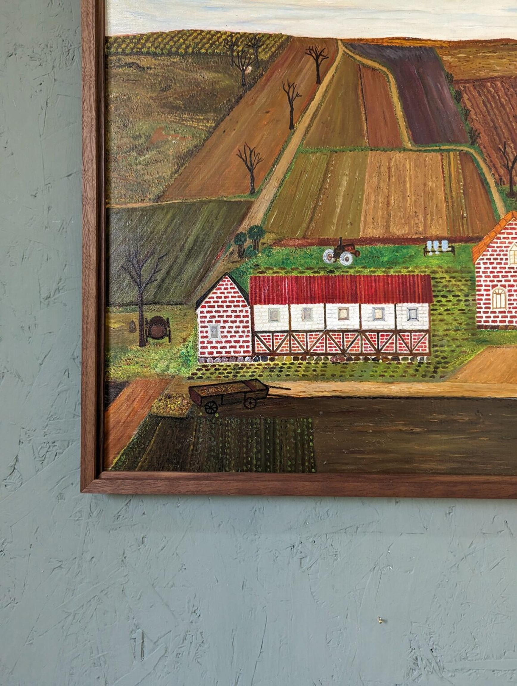 Vintage Mid-Century Naïve Style Landscape Framed Oil Painting - The Working Farm For Sale 4