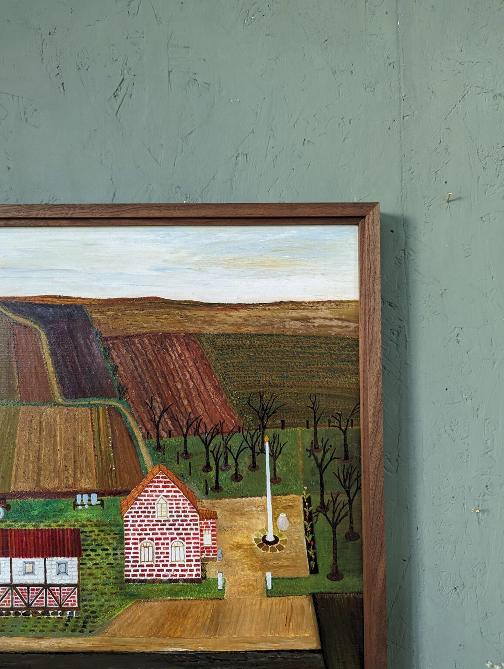 Vintage Mid-Century Naïve Style Landscape Framed Oil Painting - The Working Farm For Sale 5