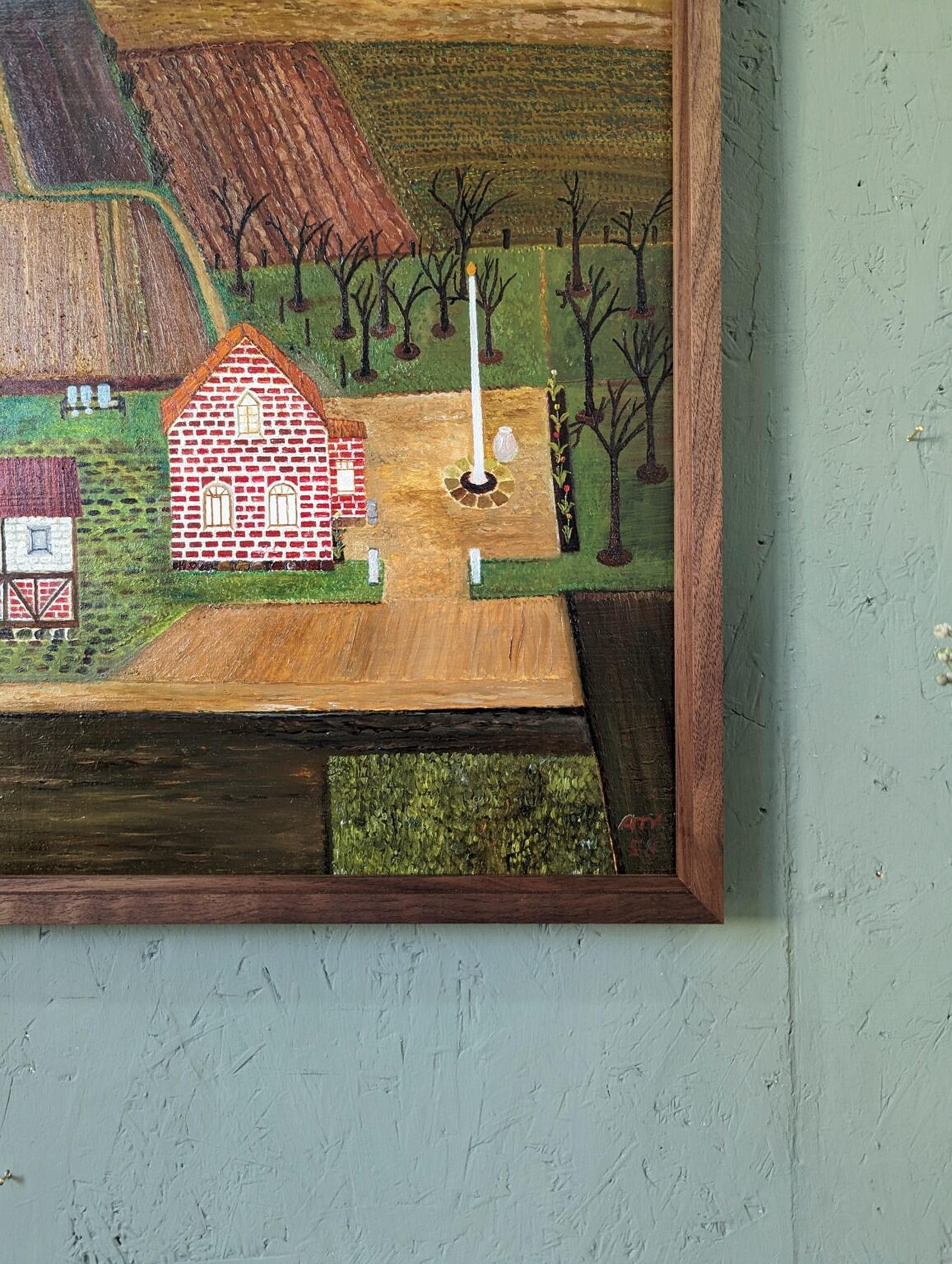 Vintage Mid-Century Naïve Style Landscape Framed Oil Painting - The Working Farm For Sale 6