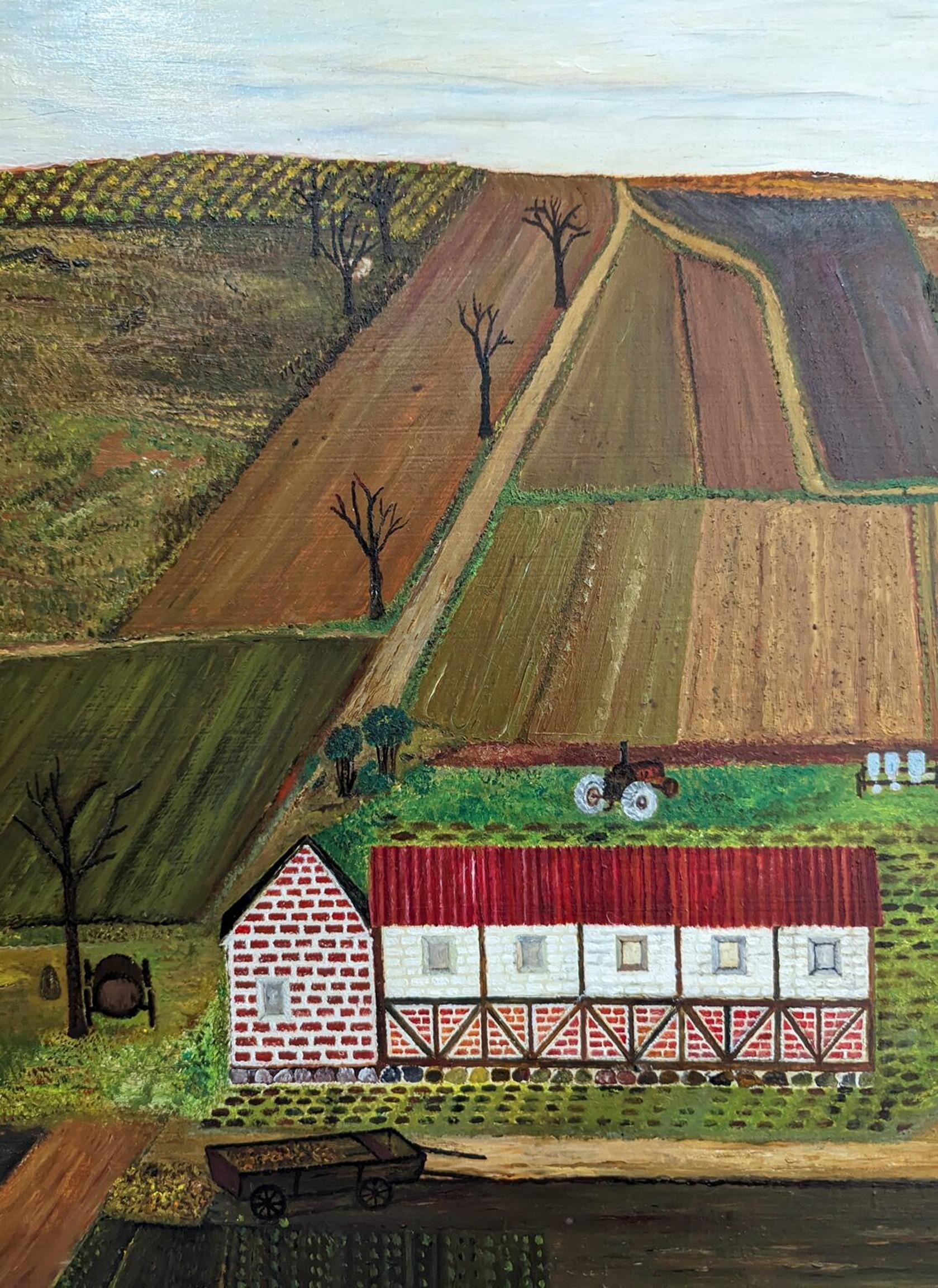 Vintage Mid-Century Naïve Style Landscape Framed Oil Painting - The Working Farm For Sale 7
