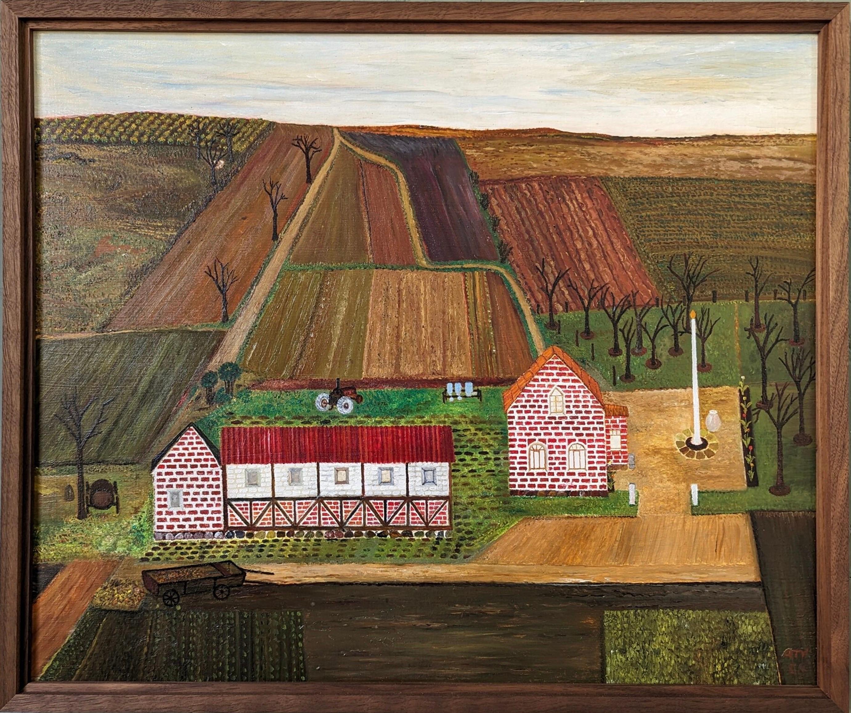 Landscape Painting Unknown - Peinture à l'huile encadrée de style naïf du milieu du siècle - La ferme en activité