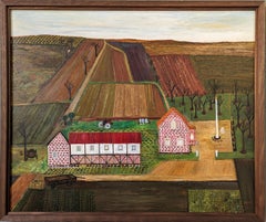Vintage Mid-Century Naïve Style Landscape Framed Oil Painting - The Working Farm