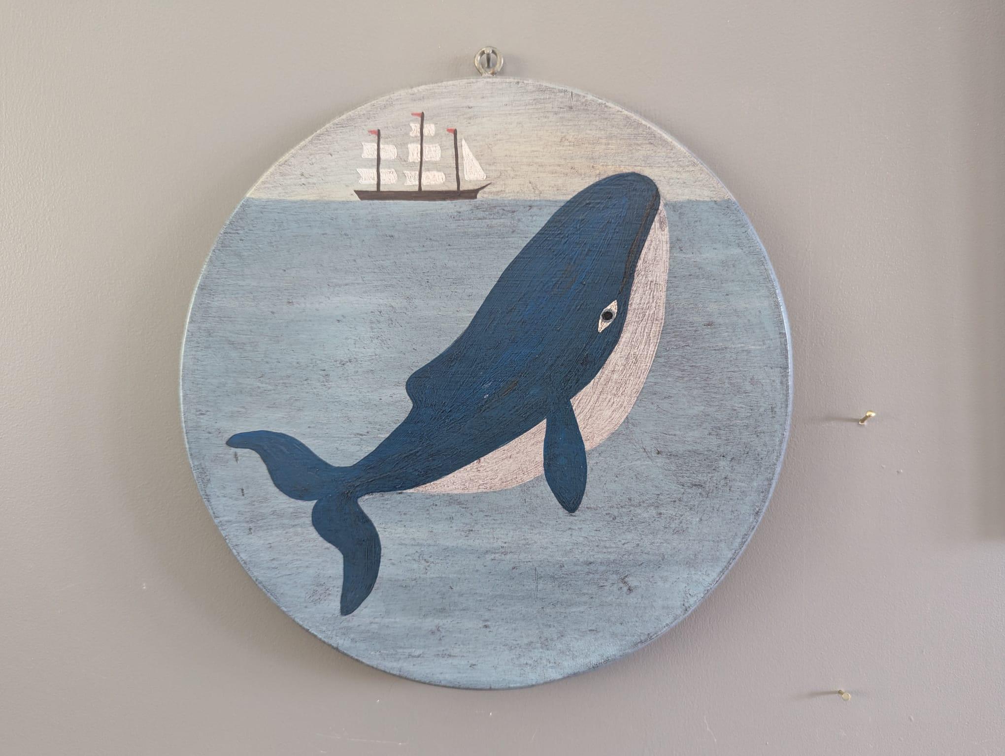 Vintage Mid Century Naïve Style Original Animal Oil Painting - Humpback Whale - Gray Animal Painting by Unknown