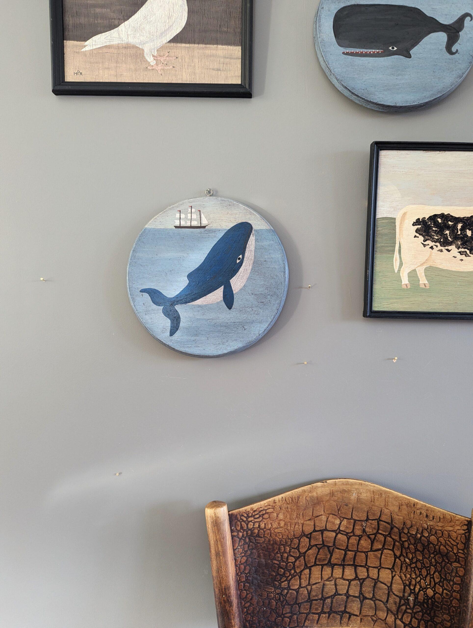 Vintage Mid Century Naïve Style Original Animal Oil Painting - Humpback Whale 1