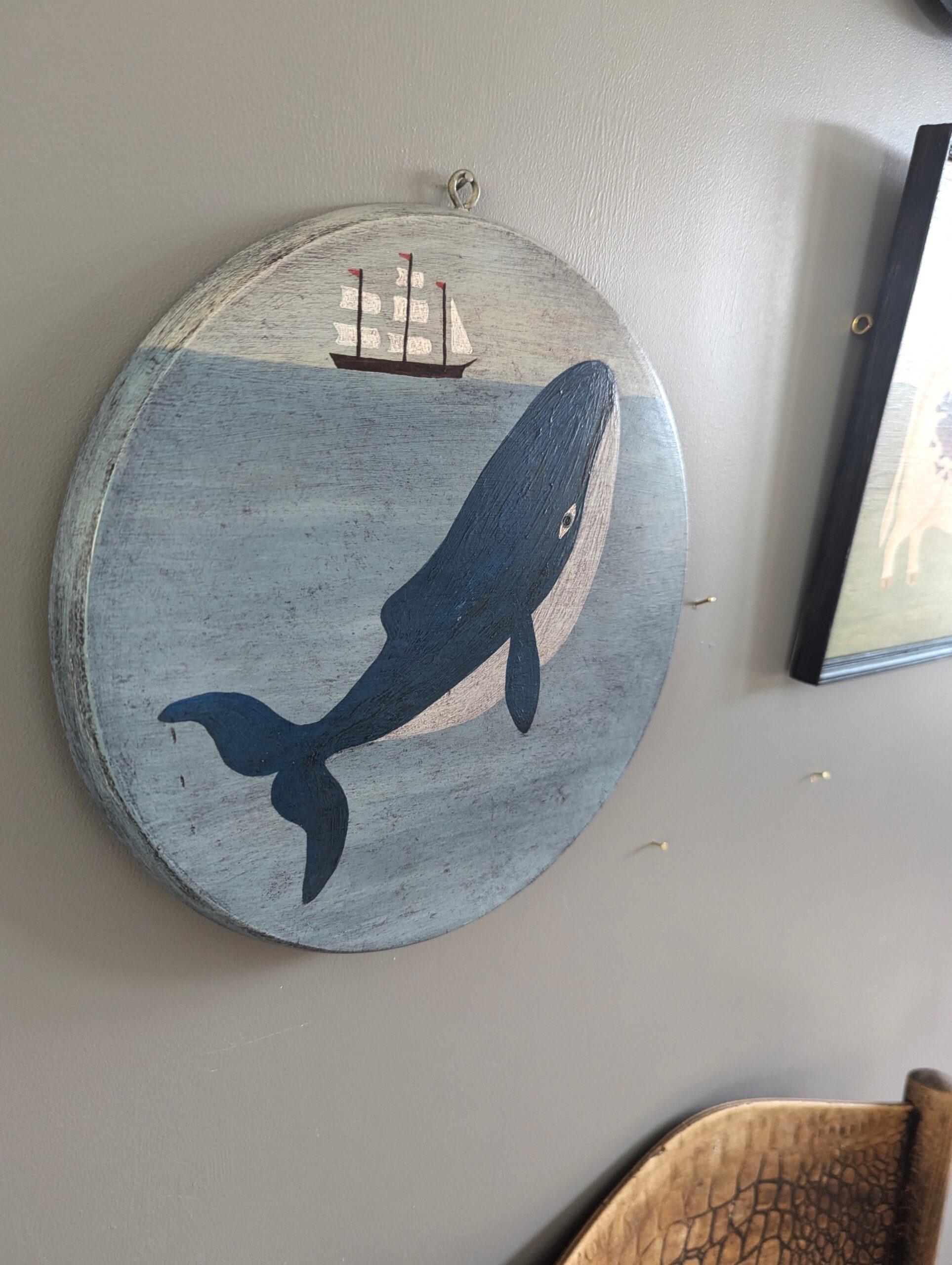 Vintage Mid Century Naïve Style Original Animal Oil Painting - Humpback Whale 4