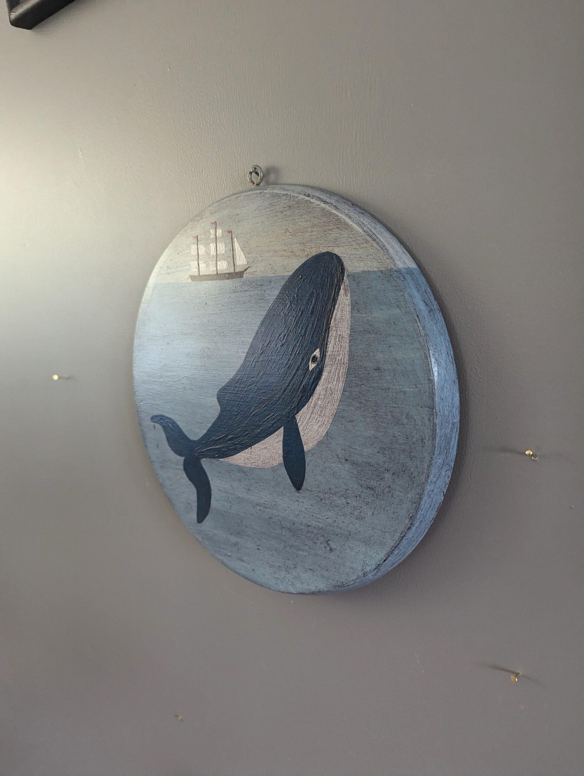 Vintage Mid Century Naïve Style Original Animal Oil Painting - Humpback Whale 5