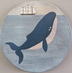 Vintage Mid Century Naïve Style Original Animal Oil Painting - Humpback Whale