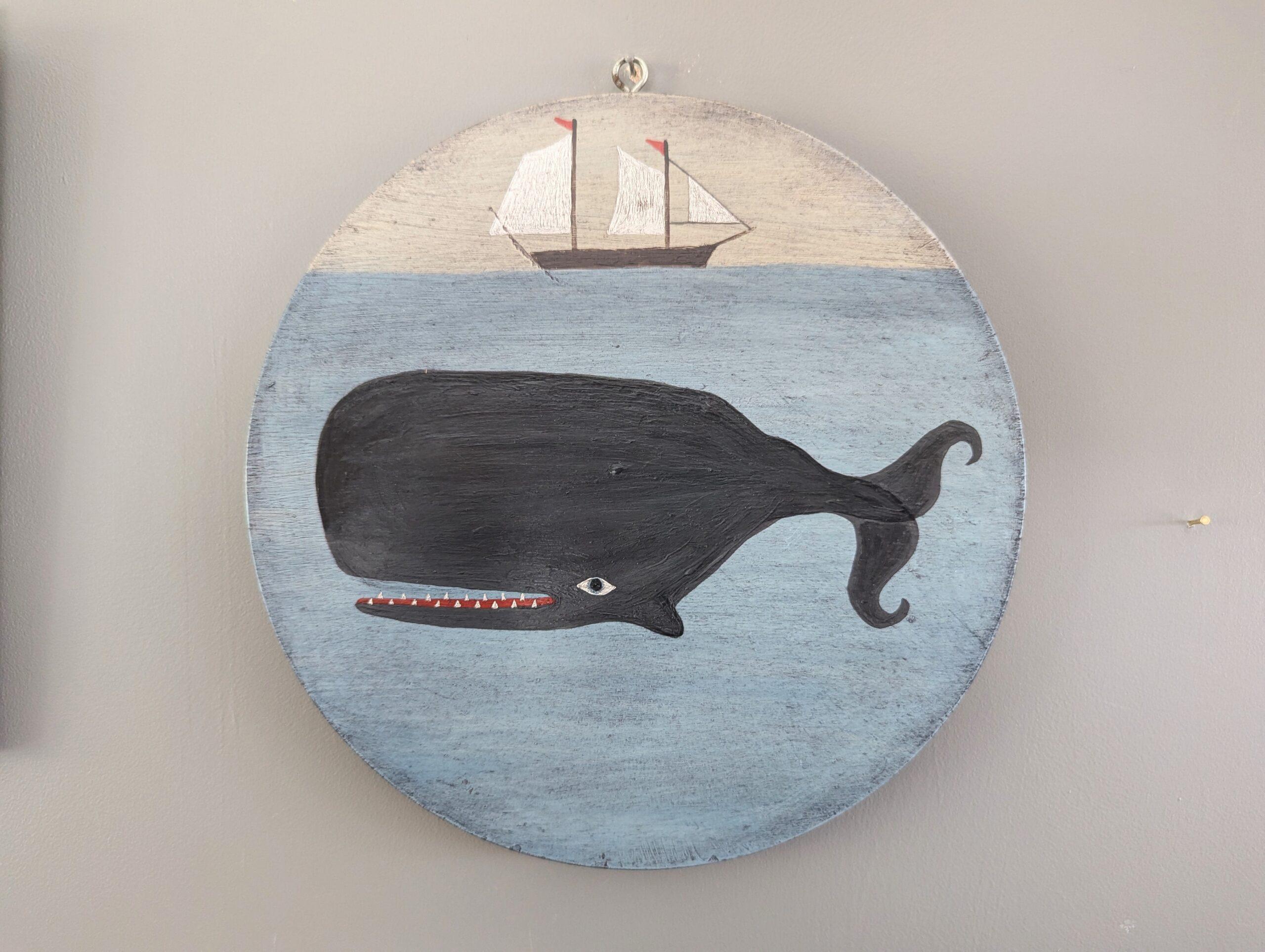 Vintage Mid Century Naïve Style Original Animal Oil Painting - Sperm Whale (Cachalot) - Gris Animal Painting par Unknown