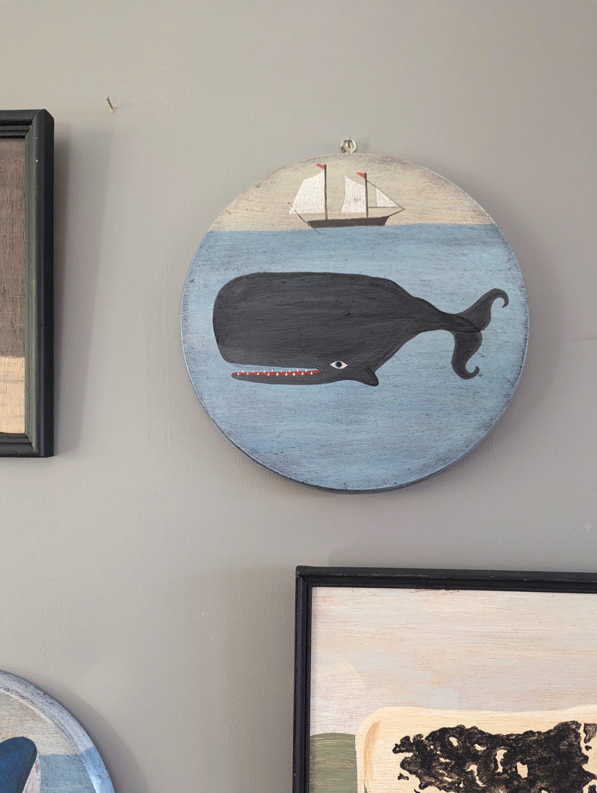 Vintage Mid Century Naïve Style Original Animal Oil Painting - Sperm Whale (Cachalot) 2
