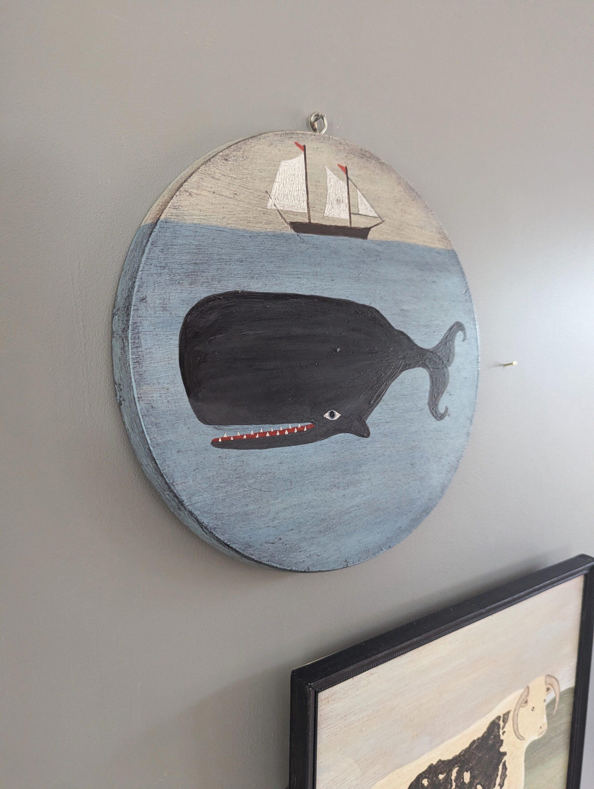 Vintage Mid Century Naïve Style Original Animal Oil Painting - Sperm Whale (Cachalot) 4