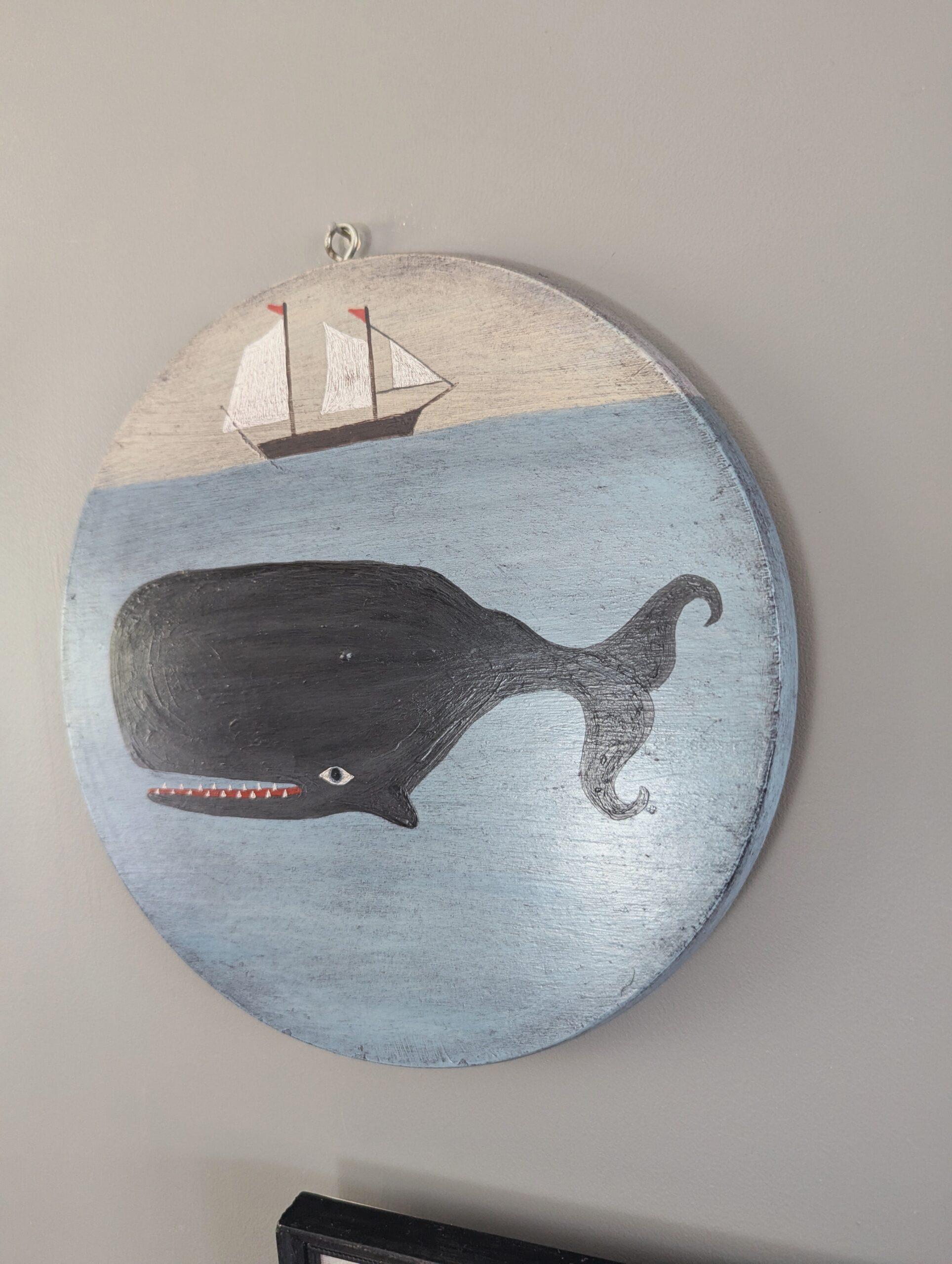 Vintage Mid Century Naïve Style Original Animal Oil Painting - Sperm Whale (Cachalot) 5