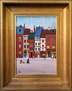 Retro Mid-Century Naïve Style Street Scene Framed Oil Painting - High Street