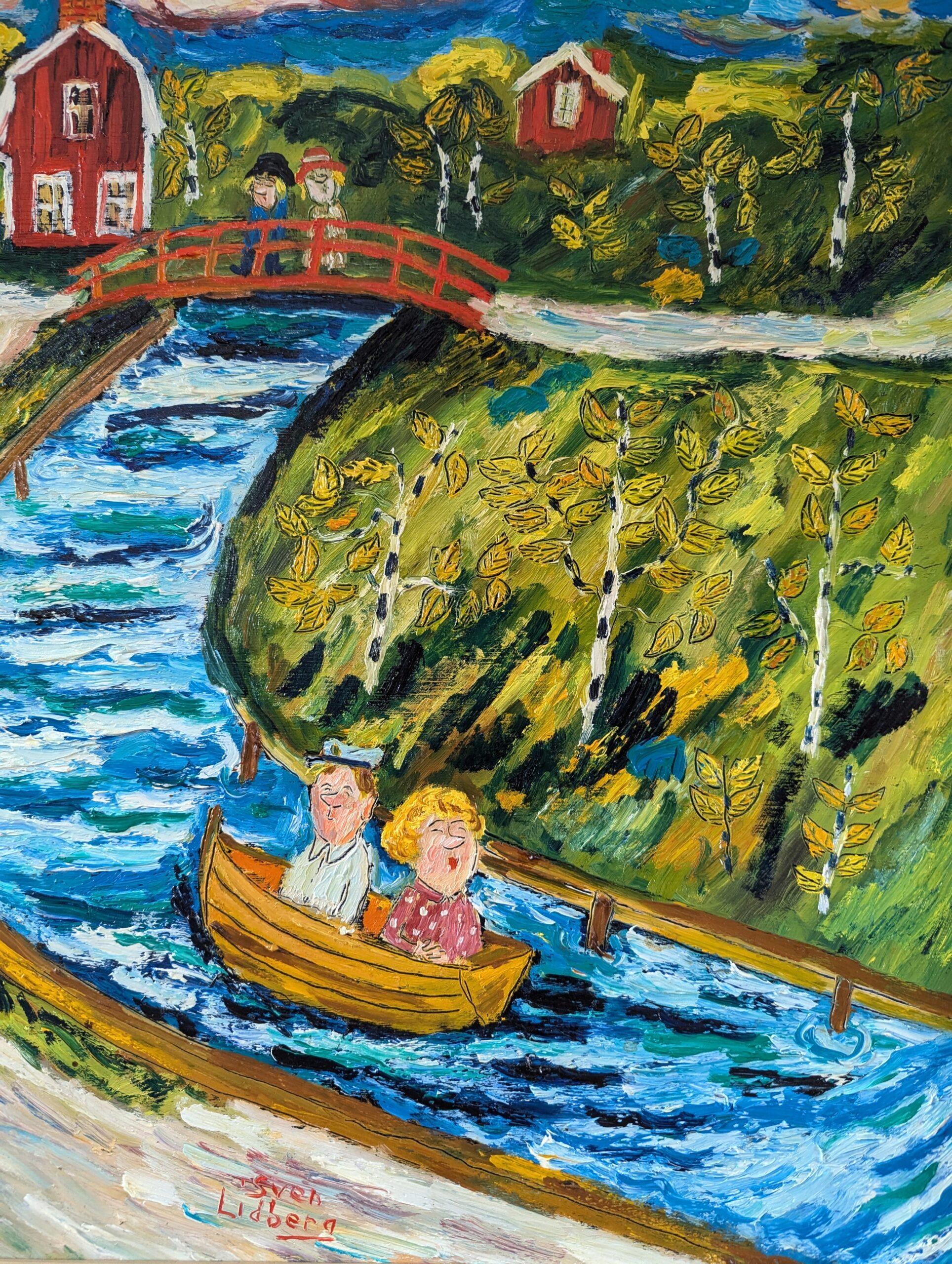 Vintage Mid-Century Naive Style Swedish Landscape Oil Painting - Down River 7