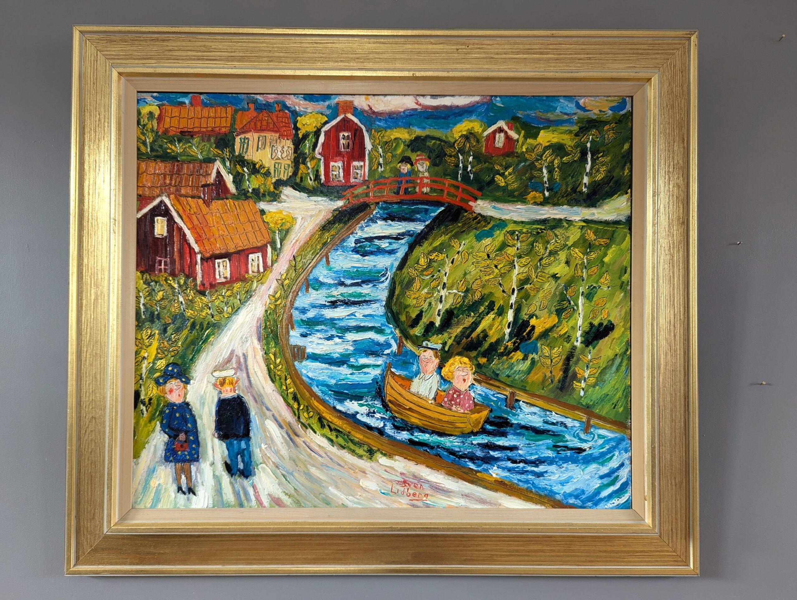 Vintage Mid-Century Naive Style Swedish Landscape Oil Painting - Down River - Brown Landscape Painting by Unknown