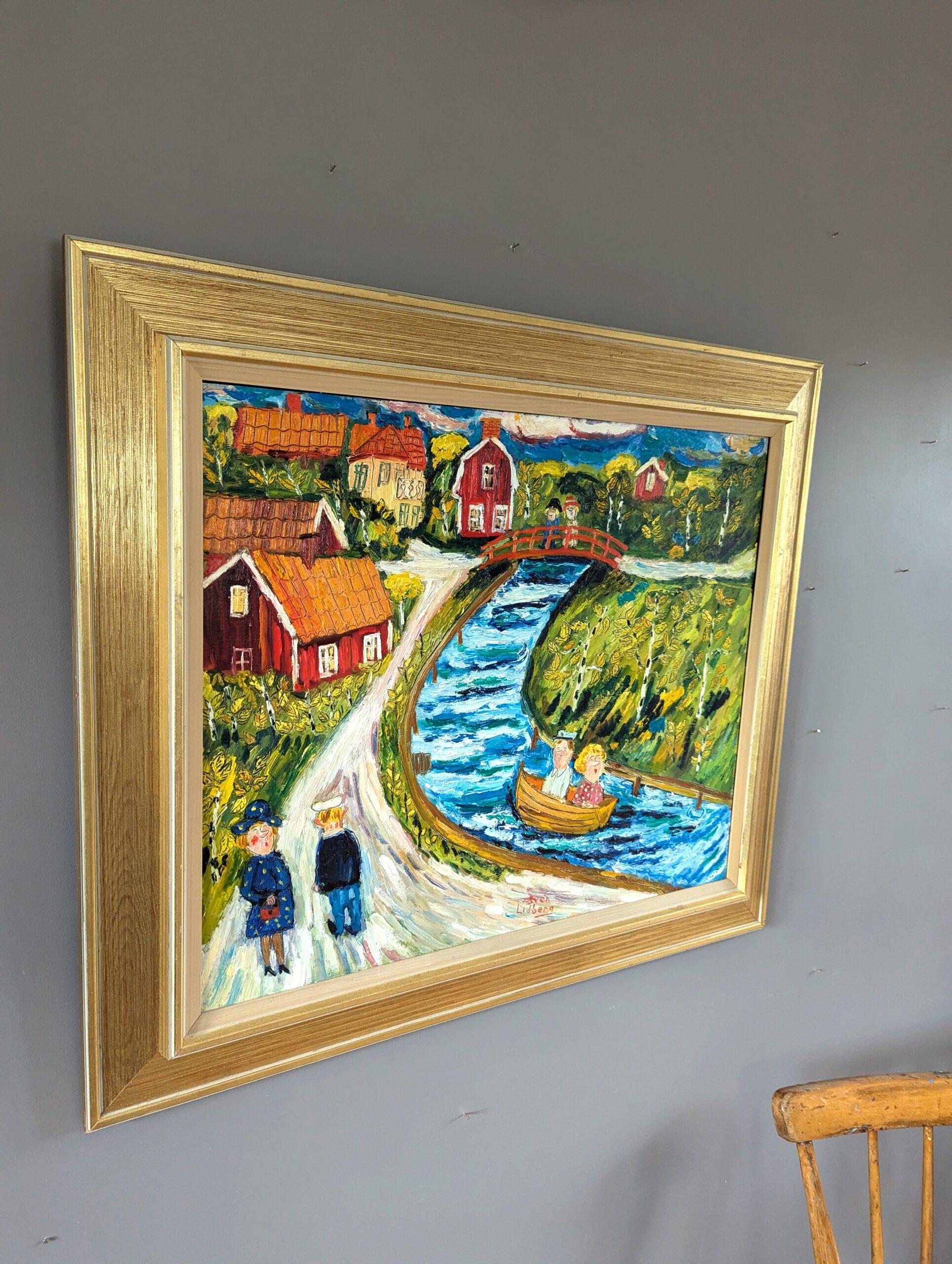 Vintage Mid-Century Naive Style Swedish Landscape Oil Painting - Down River 1