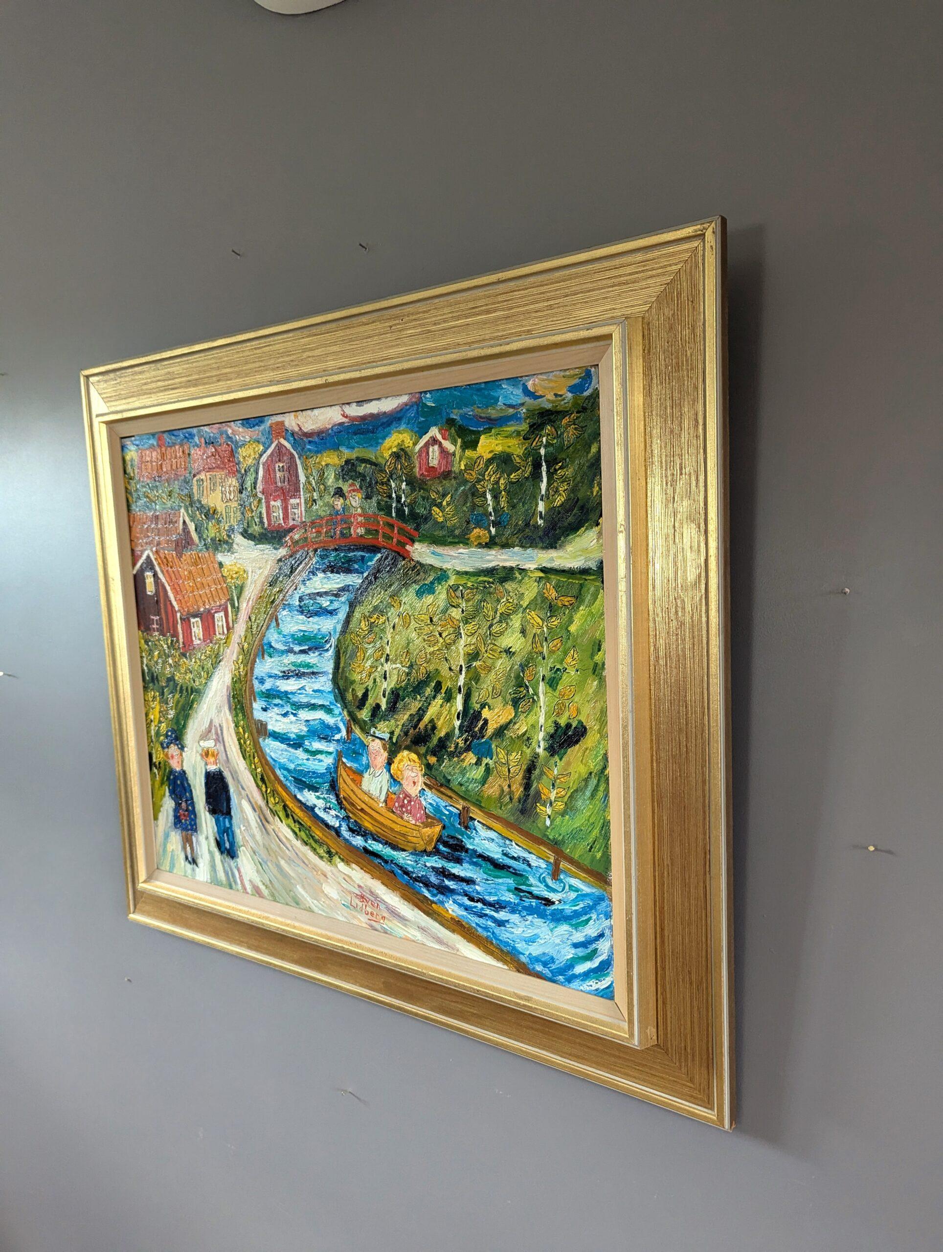 Vintage Mid-Century Naive Style Swedish Landscape Oil Painting - Down River 2