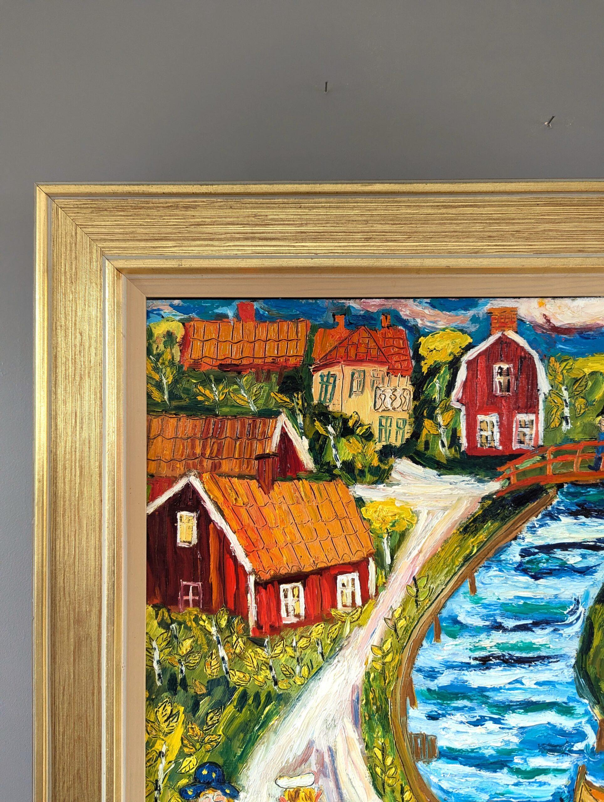 Vintage Mid-Century Naive Style Swedish Landscape Oil Painting - Down River 3