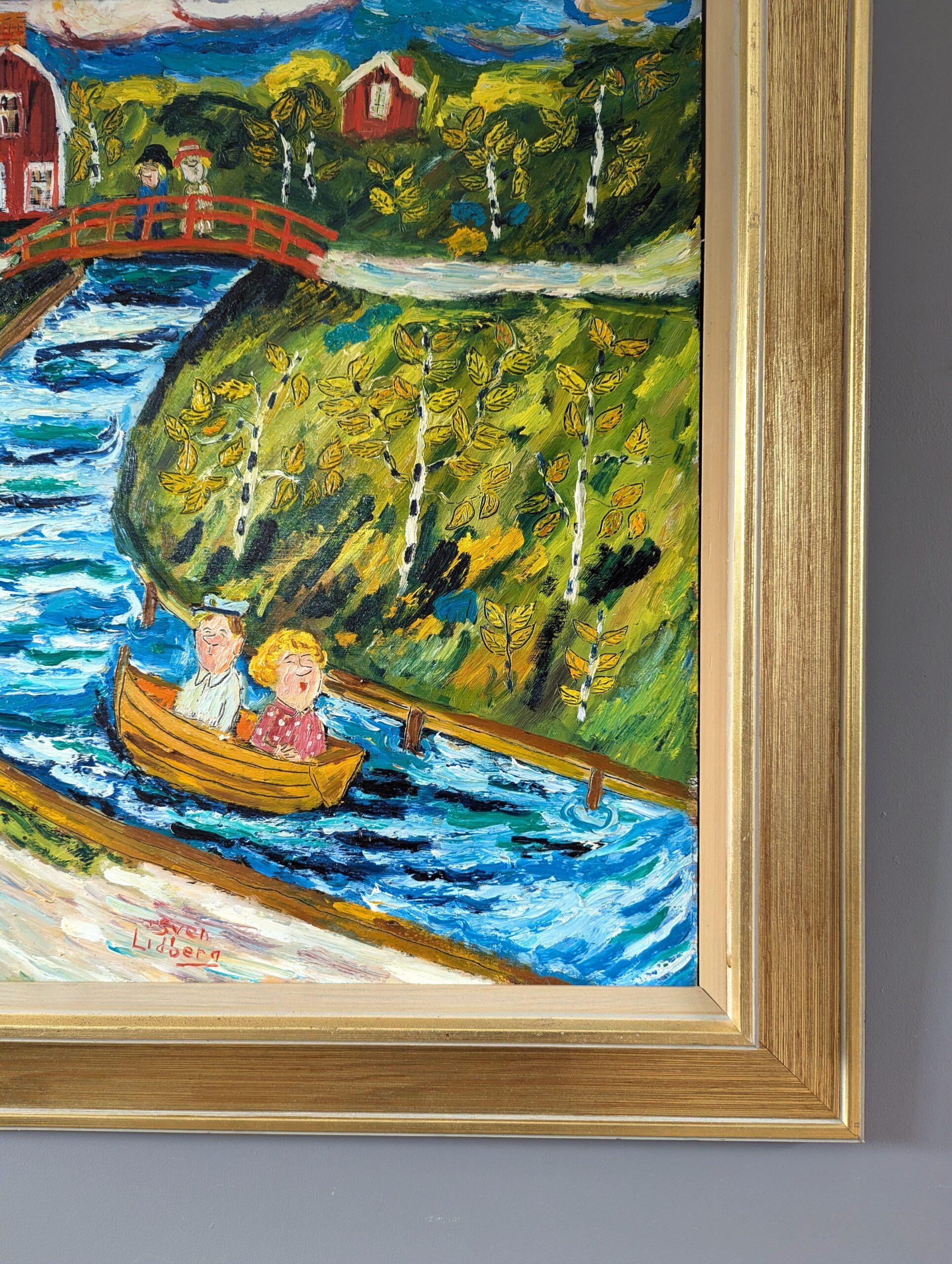 Vintage Mid-Century Naive Style Swedish Landscape Oil Painting - Down River 4