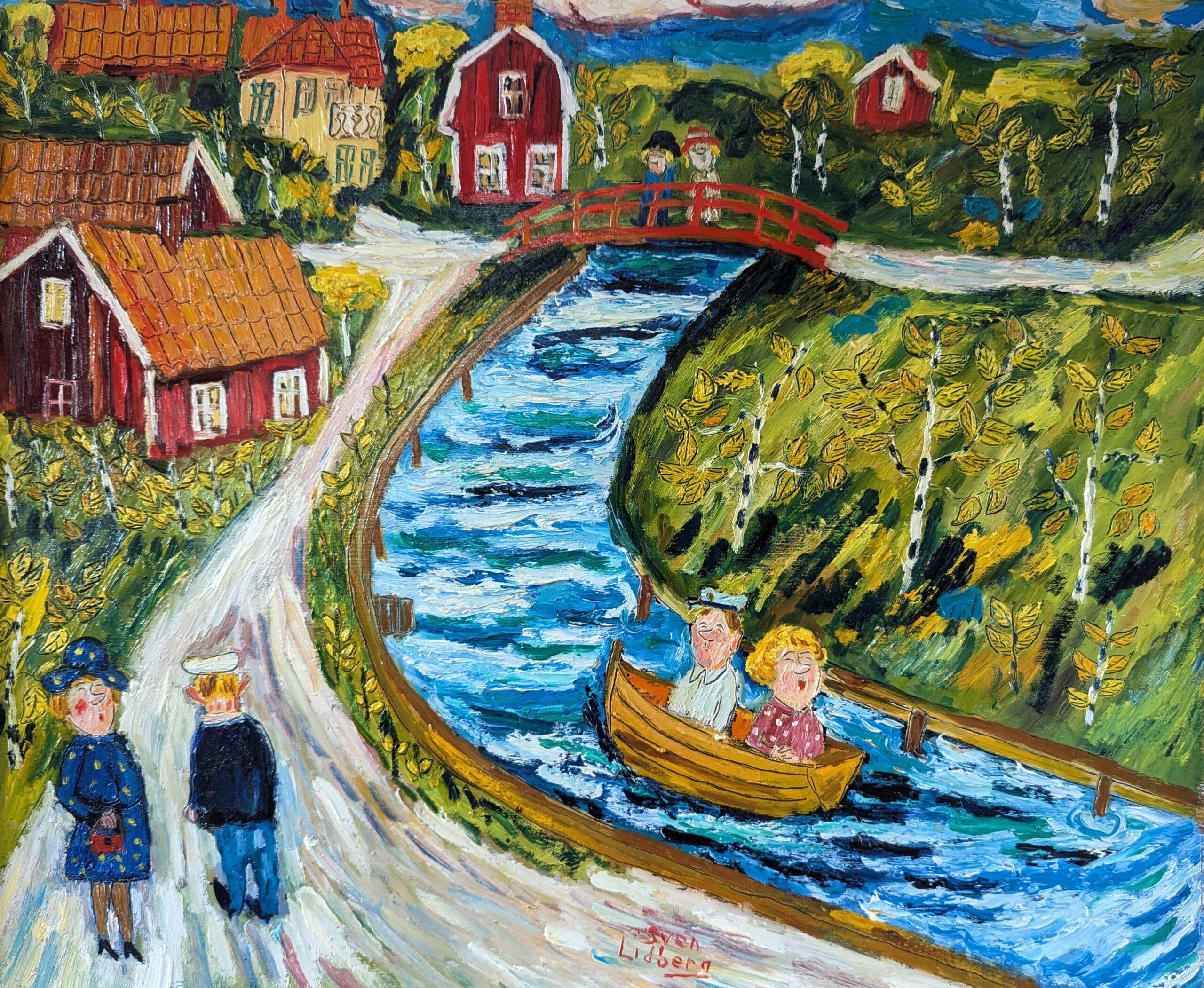 Vintage Mid-Century Naive Style Swedish Landscape Oil Painting - Down River 5