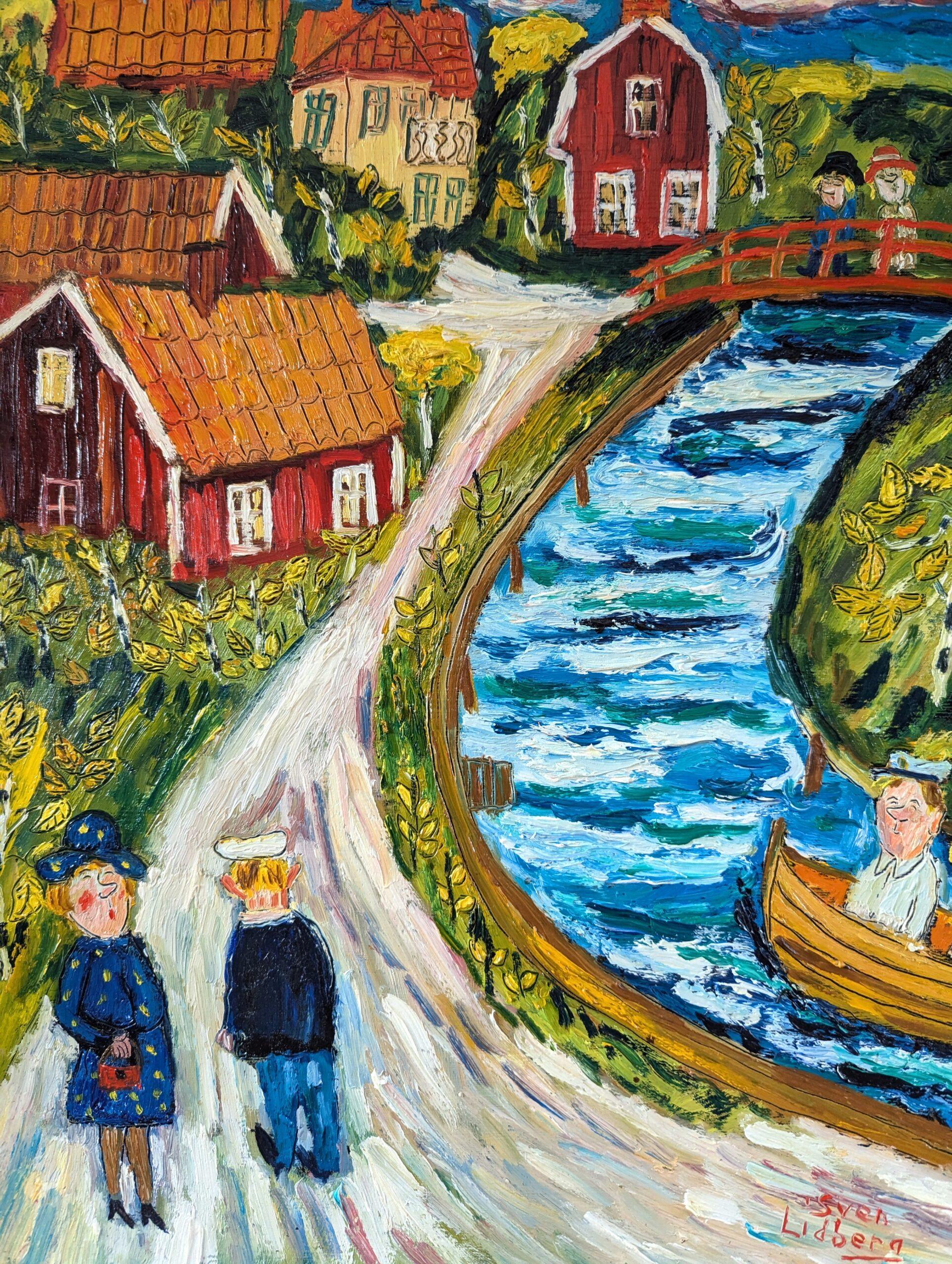 Vintage Mid-Century Naive Style Swedish Landscape Oil Painting - Down River 6