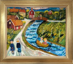 Vintage Mid-Century Naive Style Swedish Landscape Oil Painting - Down River