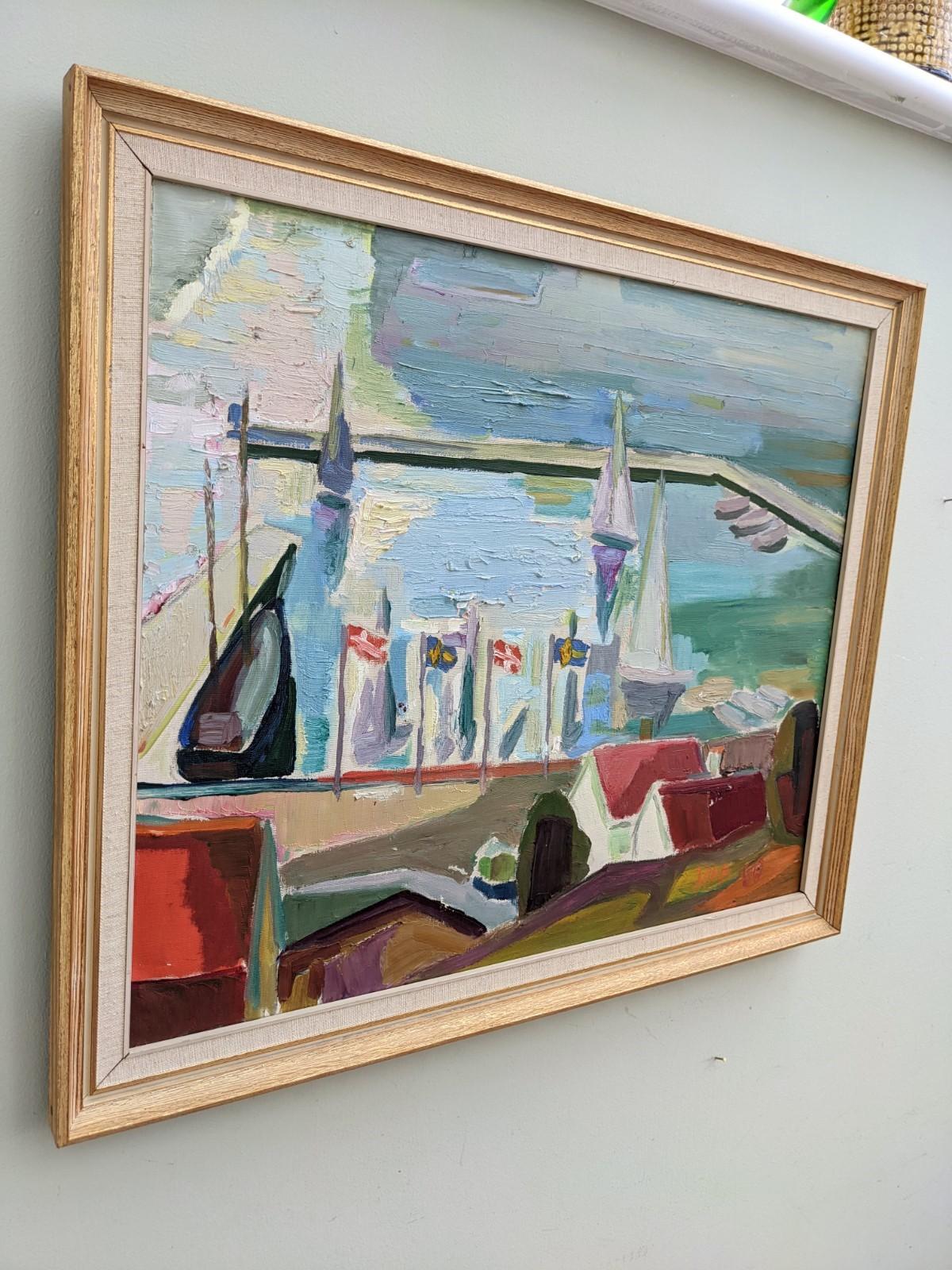 Vintage Mid-Century Seascape Framed Oil Painting Swedish Art - Harbour Sunrise - Gray Landscape Painting by Unknown