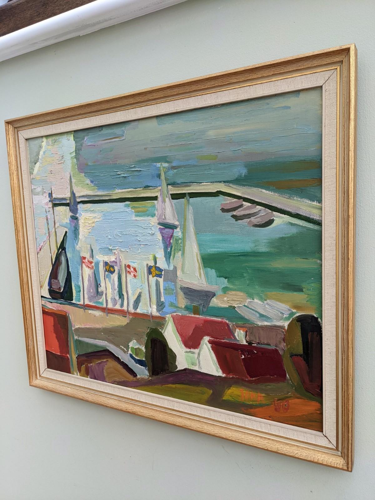 HARBOUR SUNRISE
Size: 53 x 62 cm (including frame)
Oil on canvas
A really stunning mid century marina view composition, painted in oil onto canvas.

The artist has worked in a post-impressionist style, skilfully using non realistic colours that are