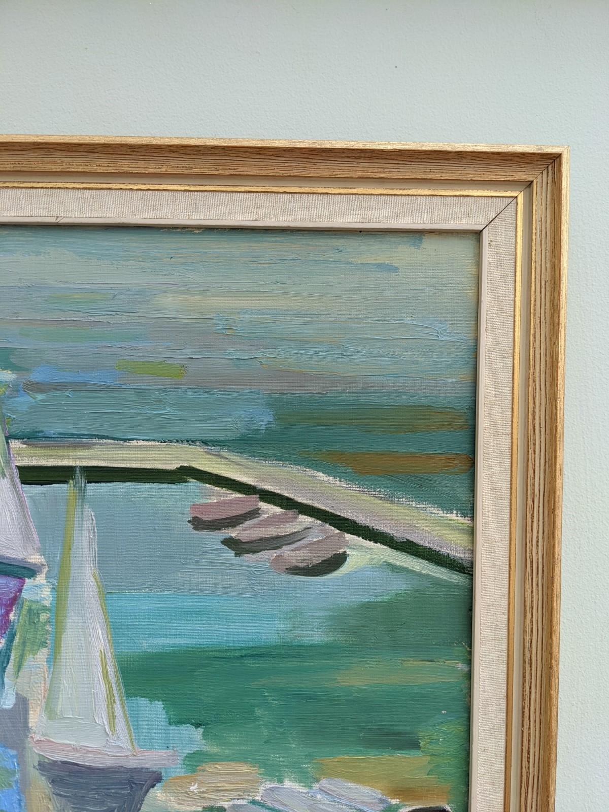 Vintage Mid-Century Seascape Framed Oil Painting Swedish Art - Harbour Sunrise 4