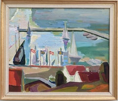 Vintage Mid-Century Seascape Framed Oil Painting Swedish Art - Harbour Sunrise