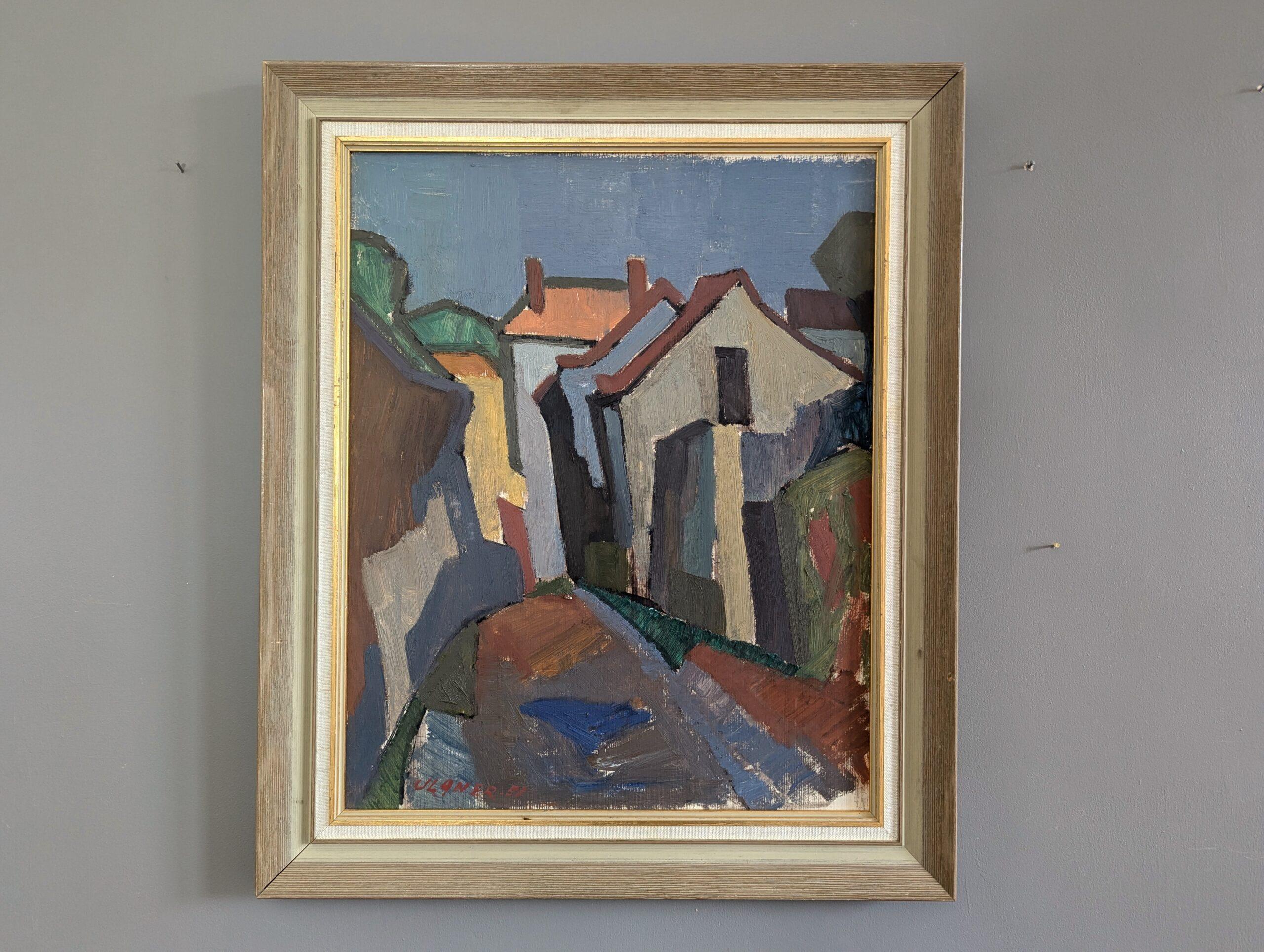 MODERNIST NEIGHBOURHOOD
Size: 50 x 41.5 cm (including frame)
Oil on Board

A lively mid-century modernist style neighbourhood street scene composition, executed in oil onto board and dated 1951.

Houses line both sides of the street, rendered in a