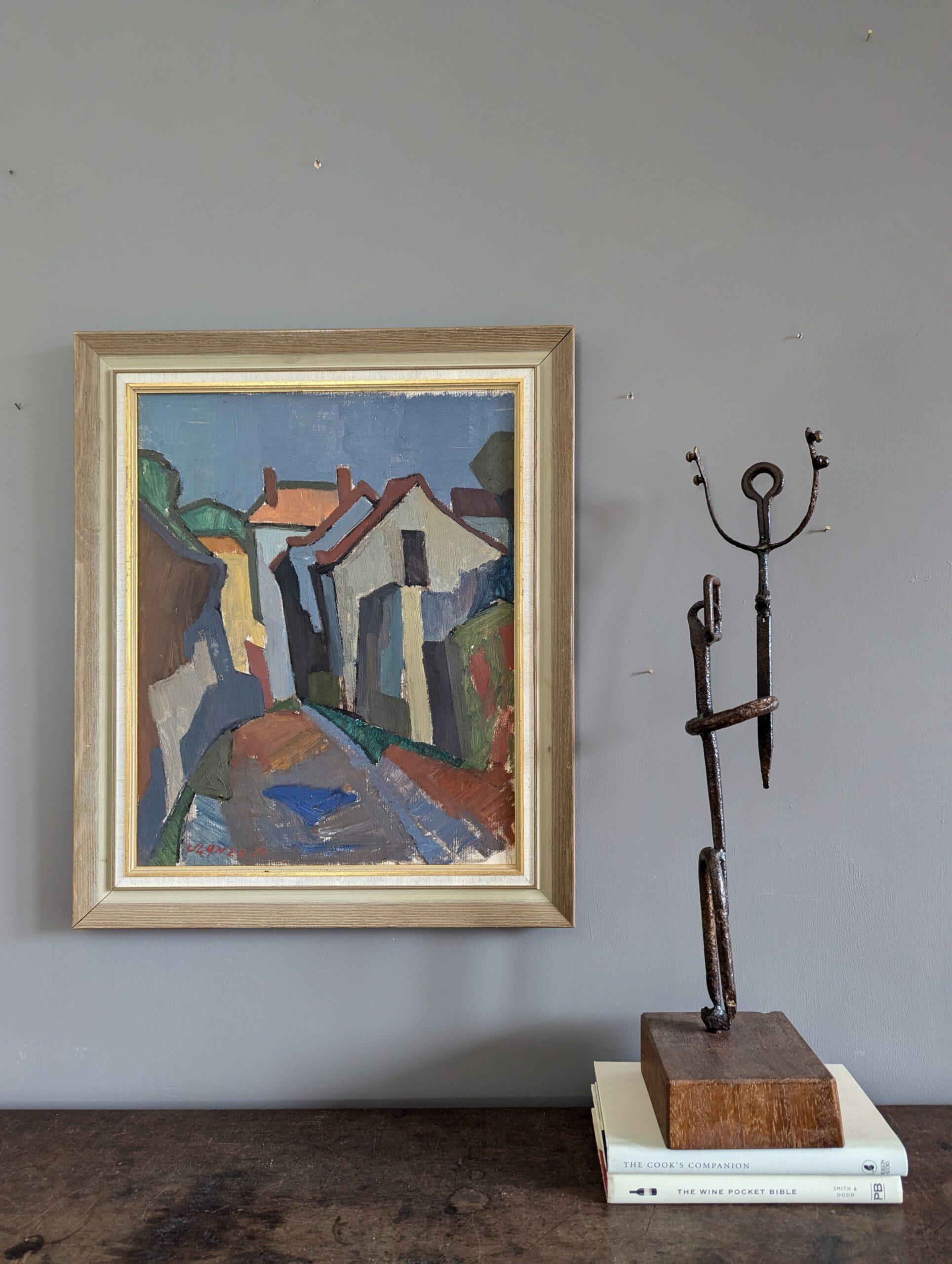 Vintage Mid-Century Street Scene Framed Oil Painting - Modernist Neighbourhood 1