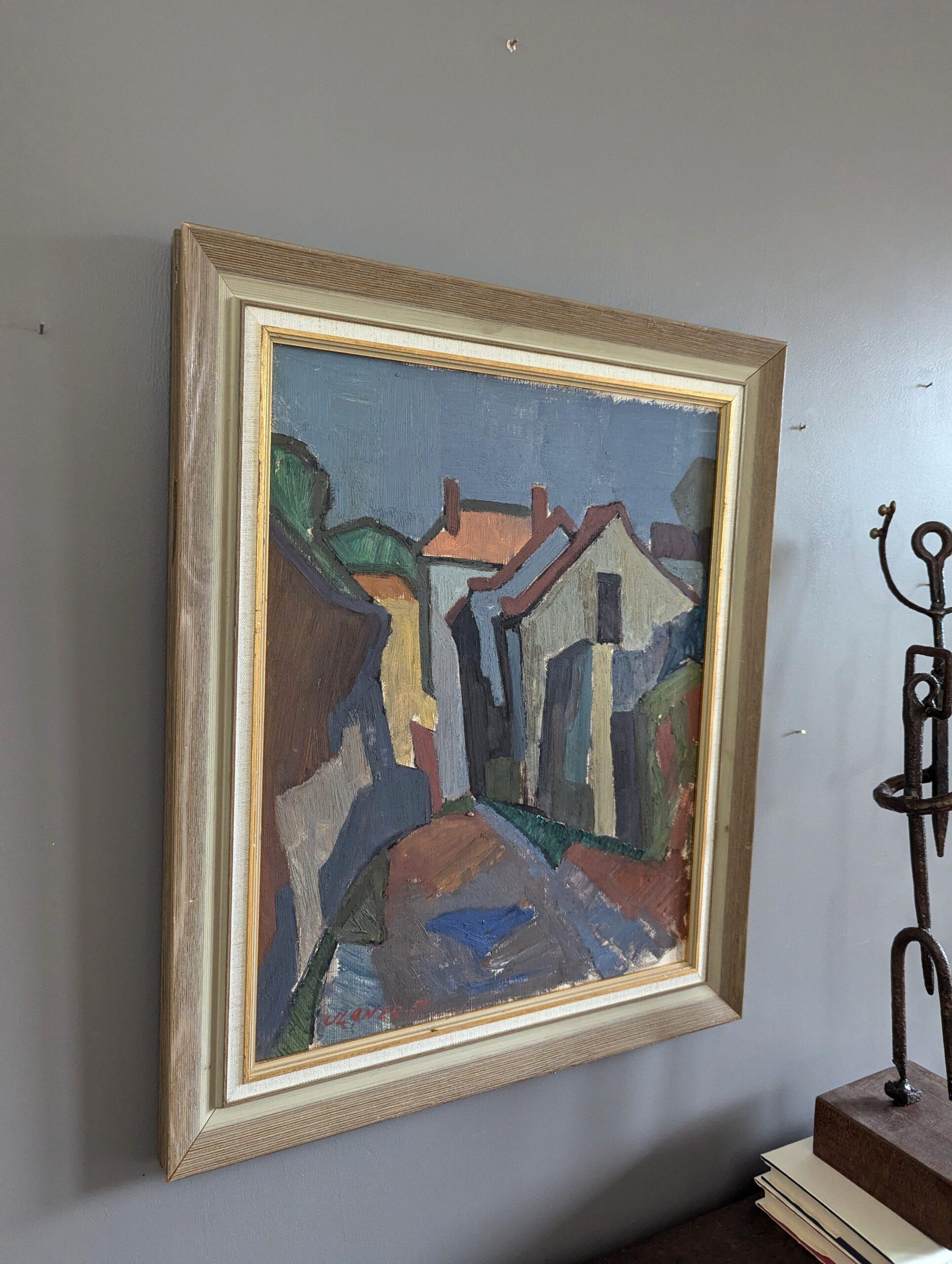 Vintage Mid-Century Street Scene Framed Oil Painting - Modernist Neighbourhood 2