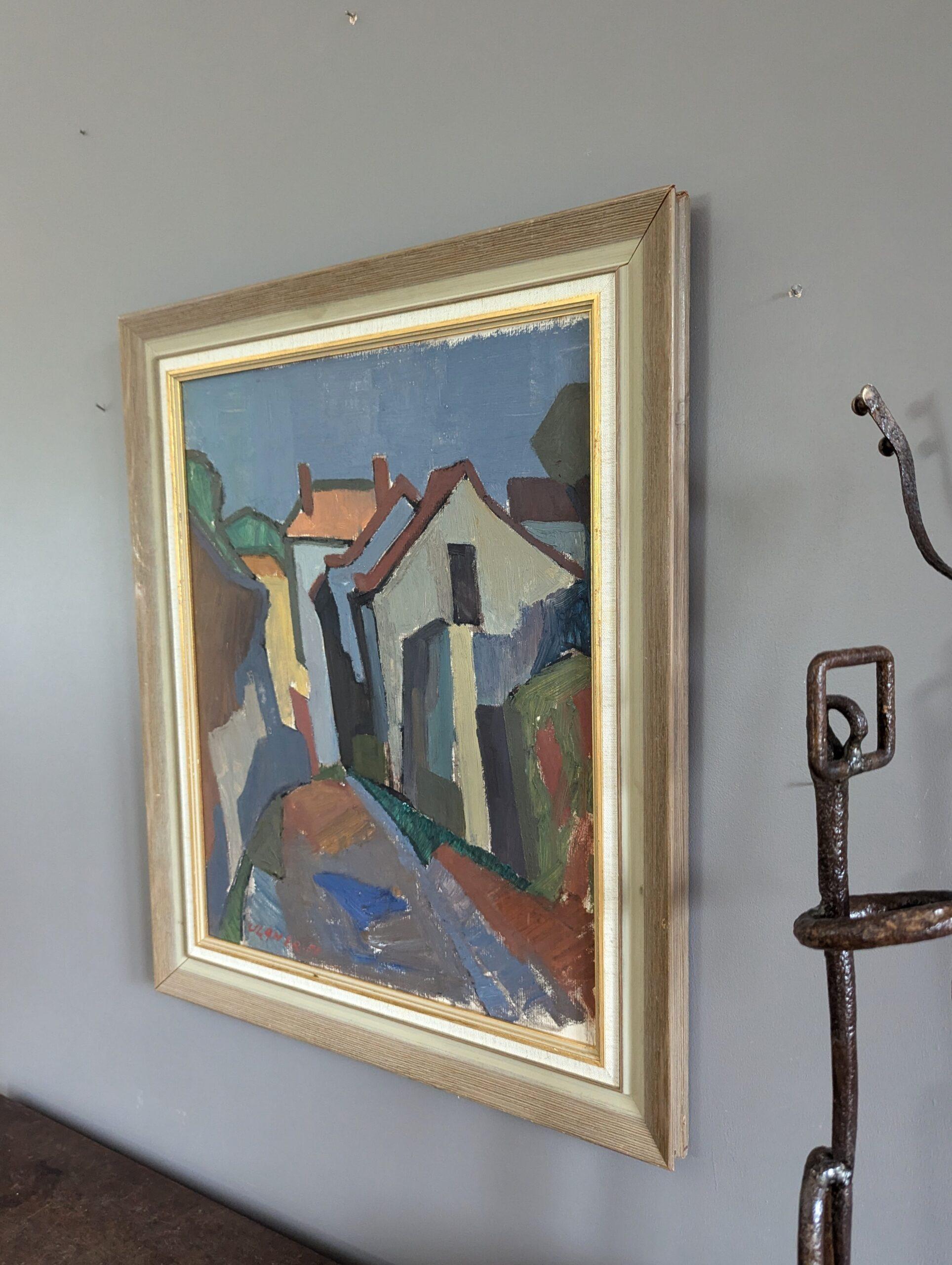Vintage Mid-Century Street Scene Framed Oil Painting - Modernist Neighbourhood 3