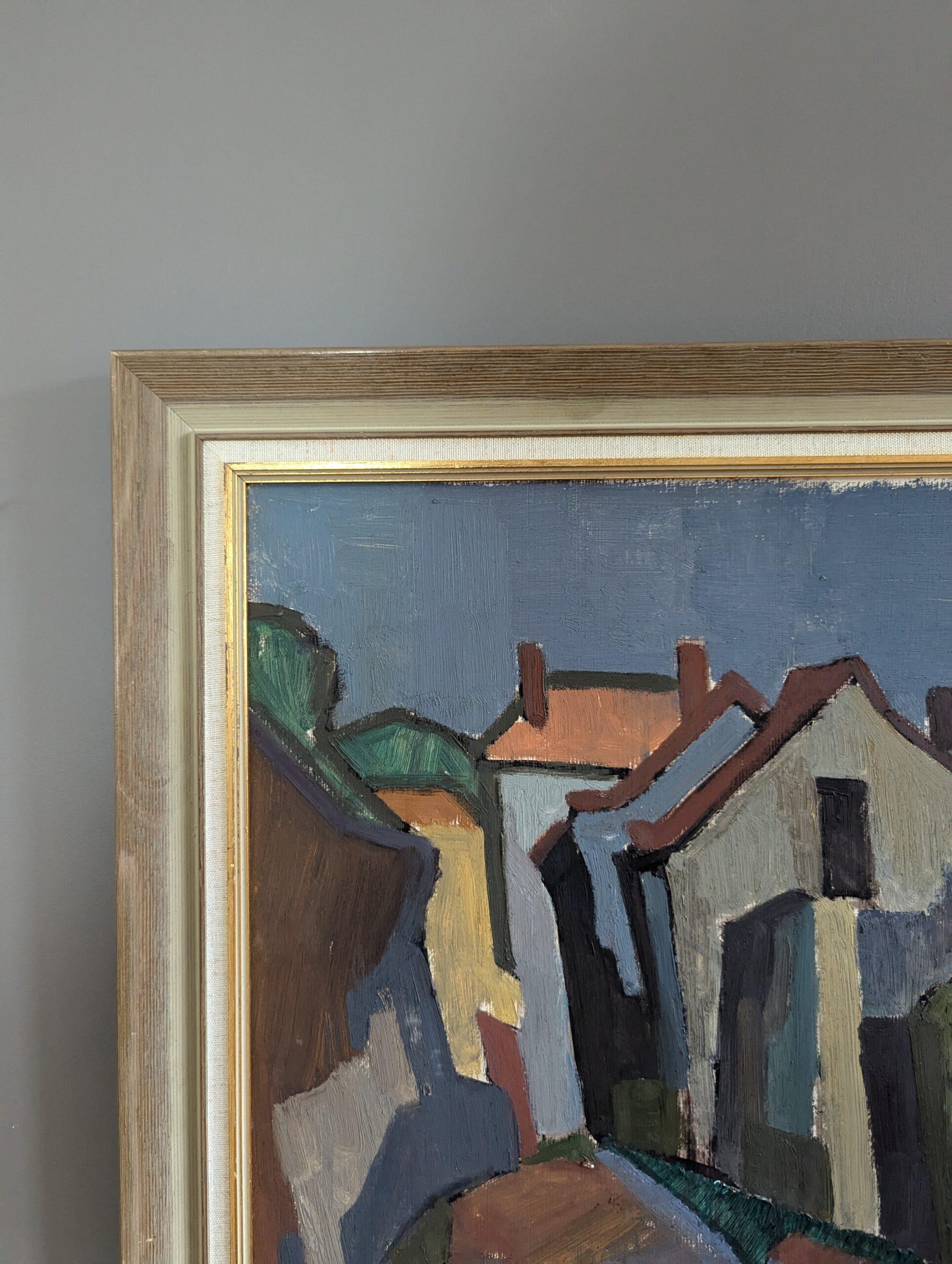 Vintage Mid-Century Street Scene Framed Oil Painting - Modernist Neighbourhood 4