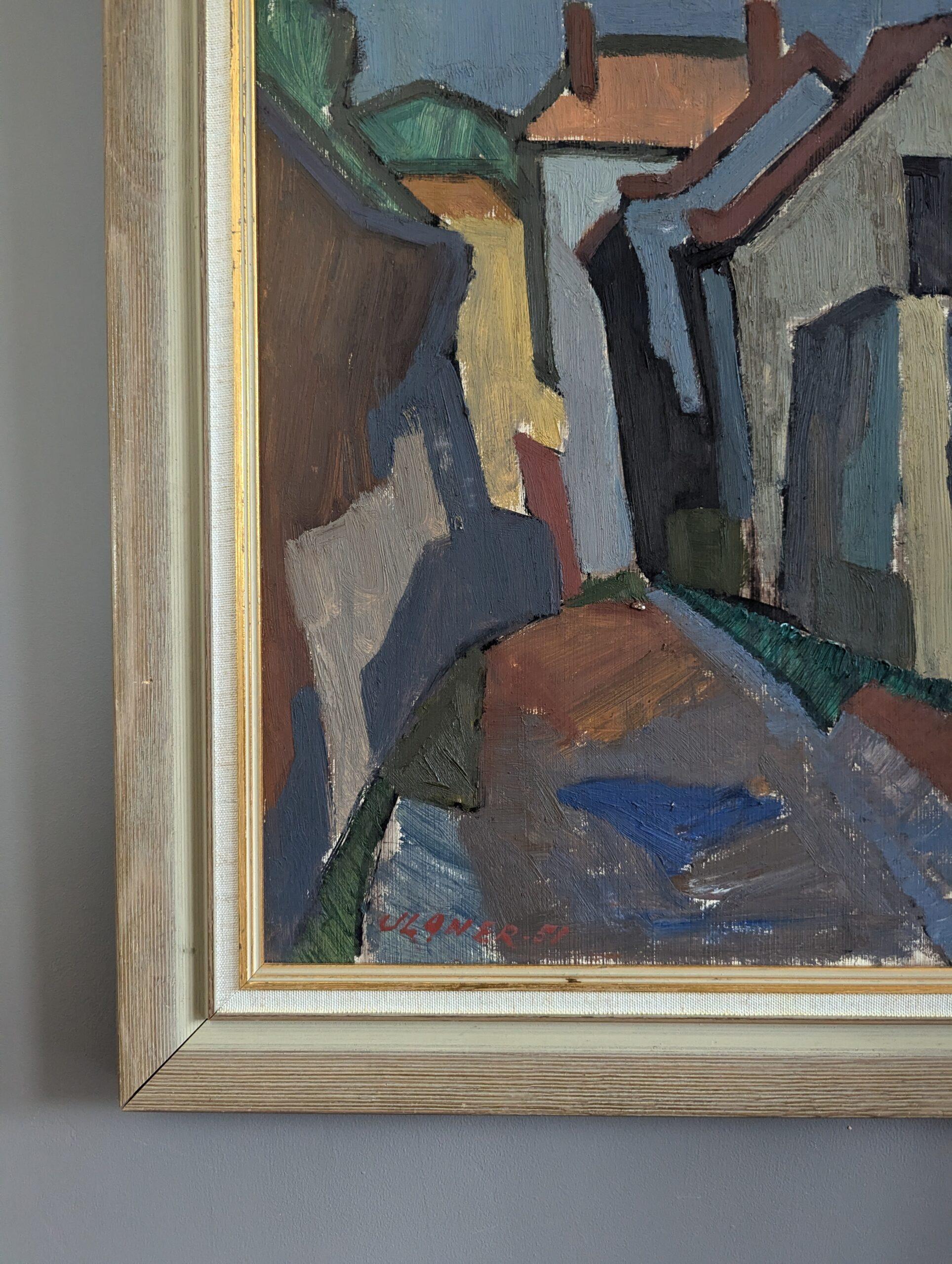 Vintage Mid-Century Street Scene Framed Oil Painting - Modernist Neighbourhood 5