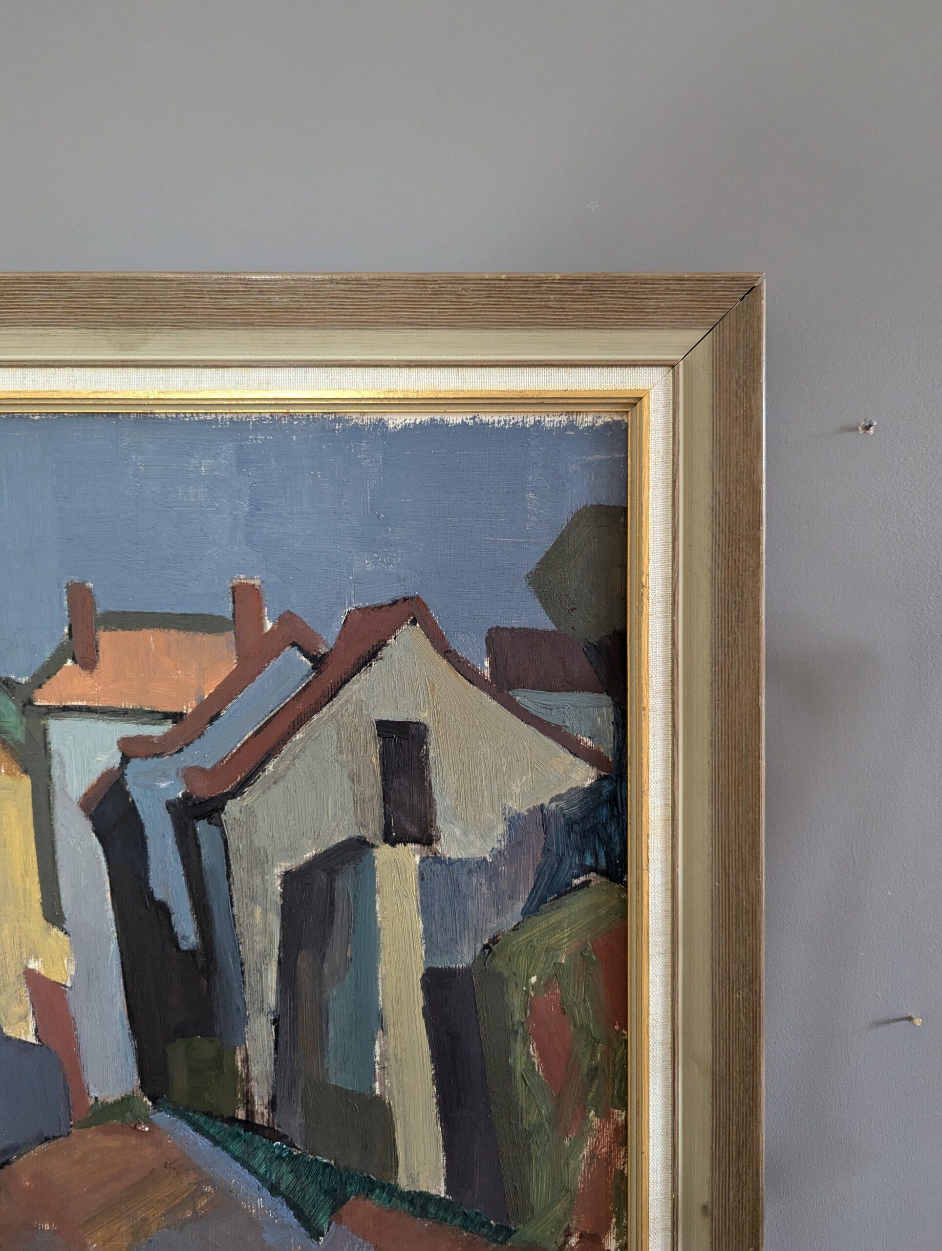 Vintage Mid-Century Street Scene Framed Oil Painting - Modernist Neighbourhood 6