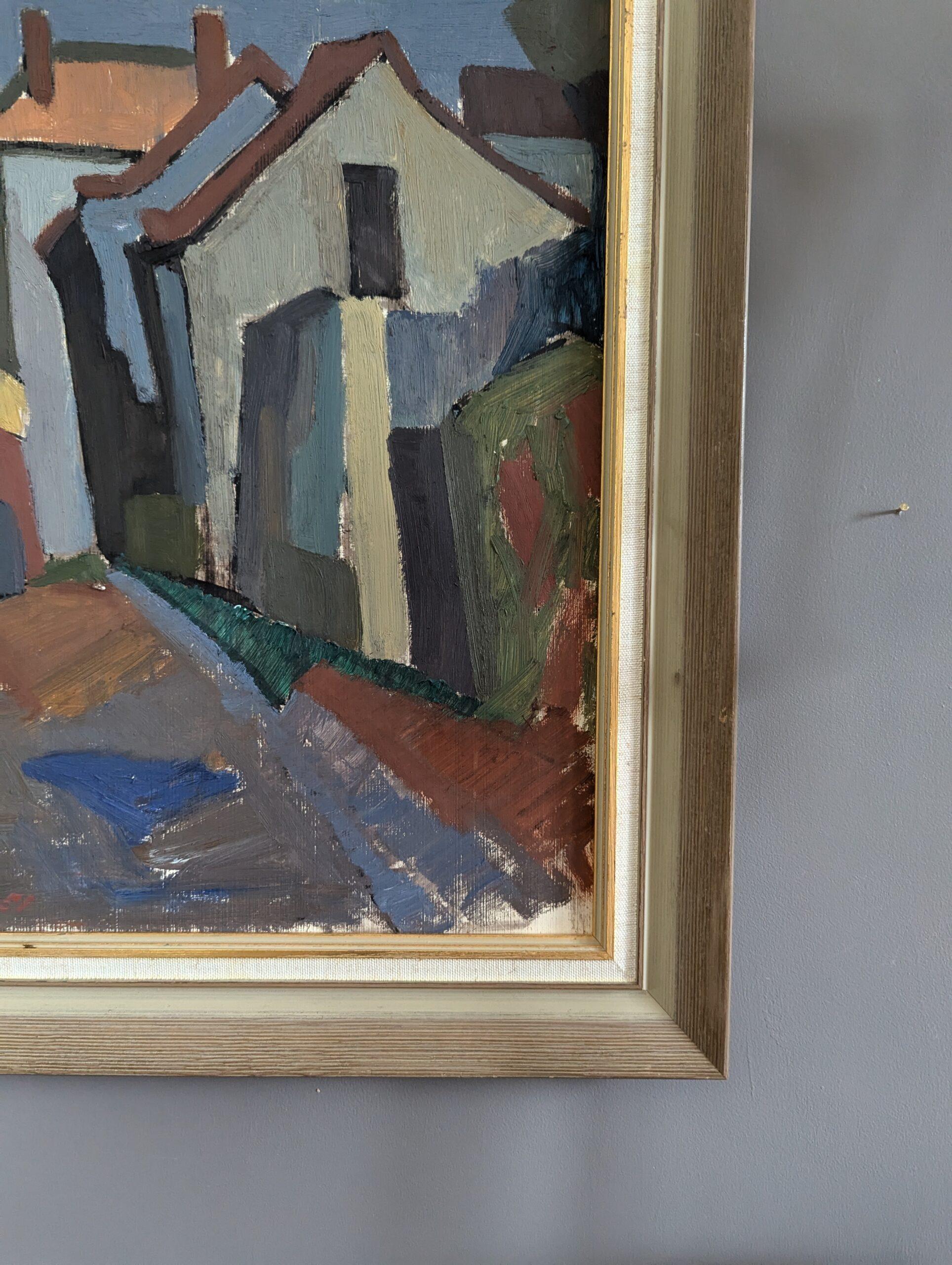 Vintage Mid-Century Street Scene Framed Oil Painting - Modernist Neighbourhood 7