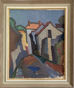 Vintage Mid-Century Street Scene Framed Oil Painting - Modernist Neighbourhood