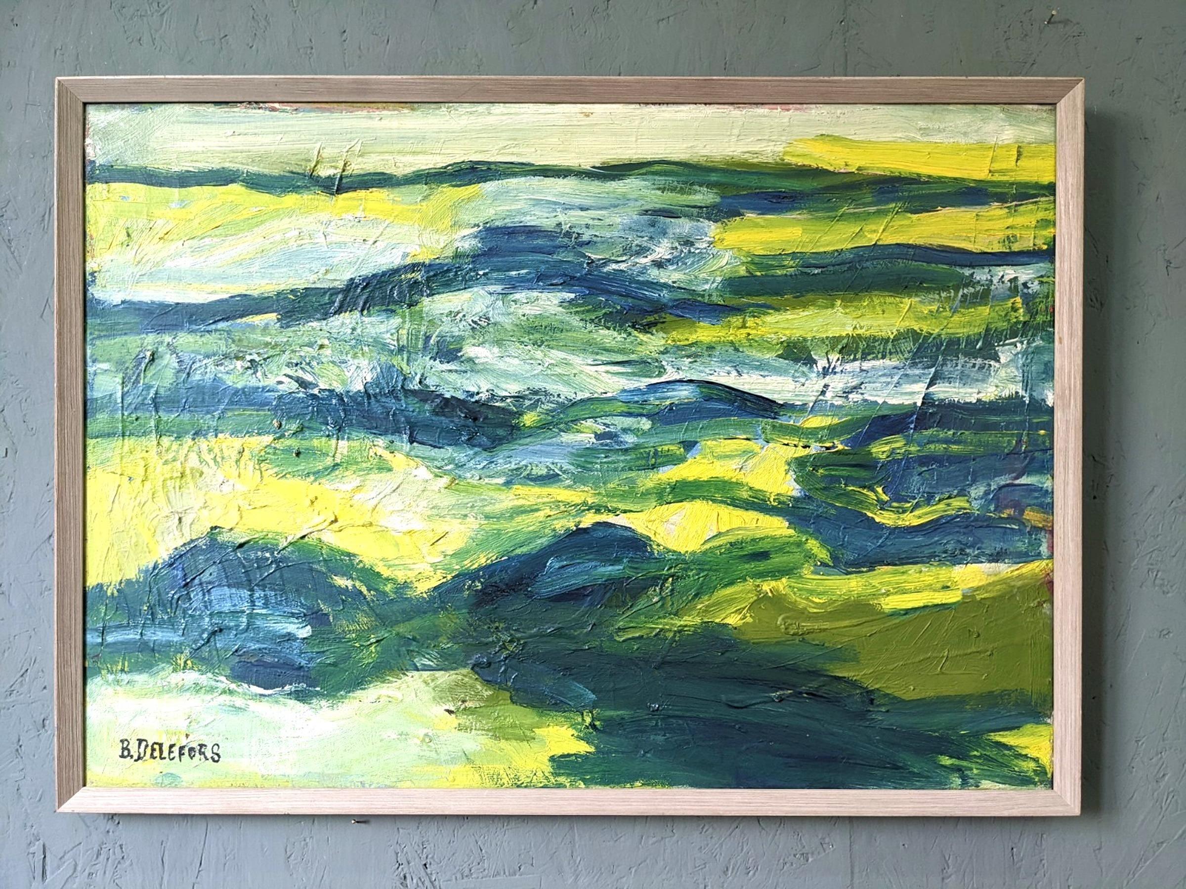 Vintage Mid-Century Swedish Abstract Framed Oil Painting - Waves - Green Abstract Painting by Unknown
