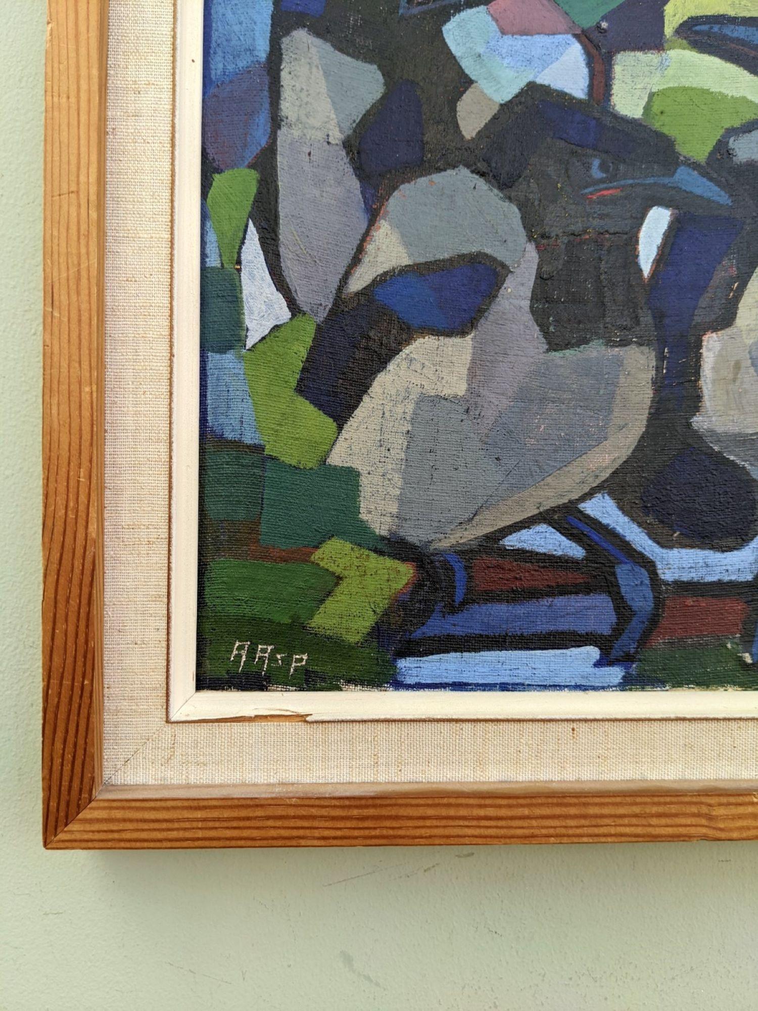 Vintage Mid Century Swedish Abstract Oil Painting of Birds, Framed - Magpies 1