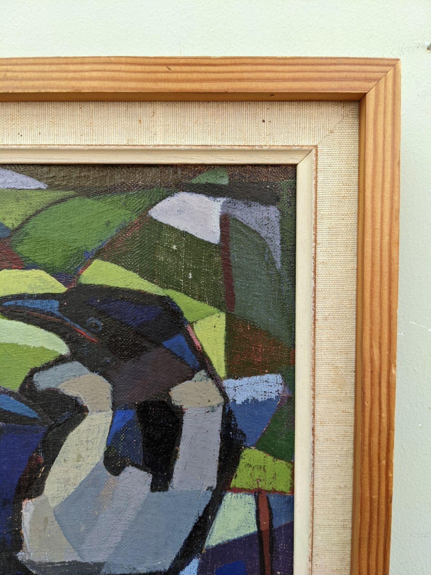 Vintage Mid Century Swedish Abstract Oil Painting of Birds, Framed - Magpies 2