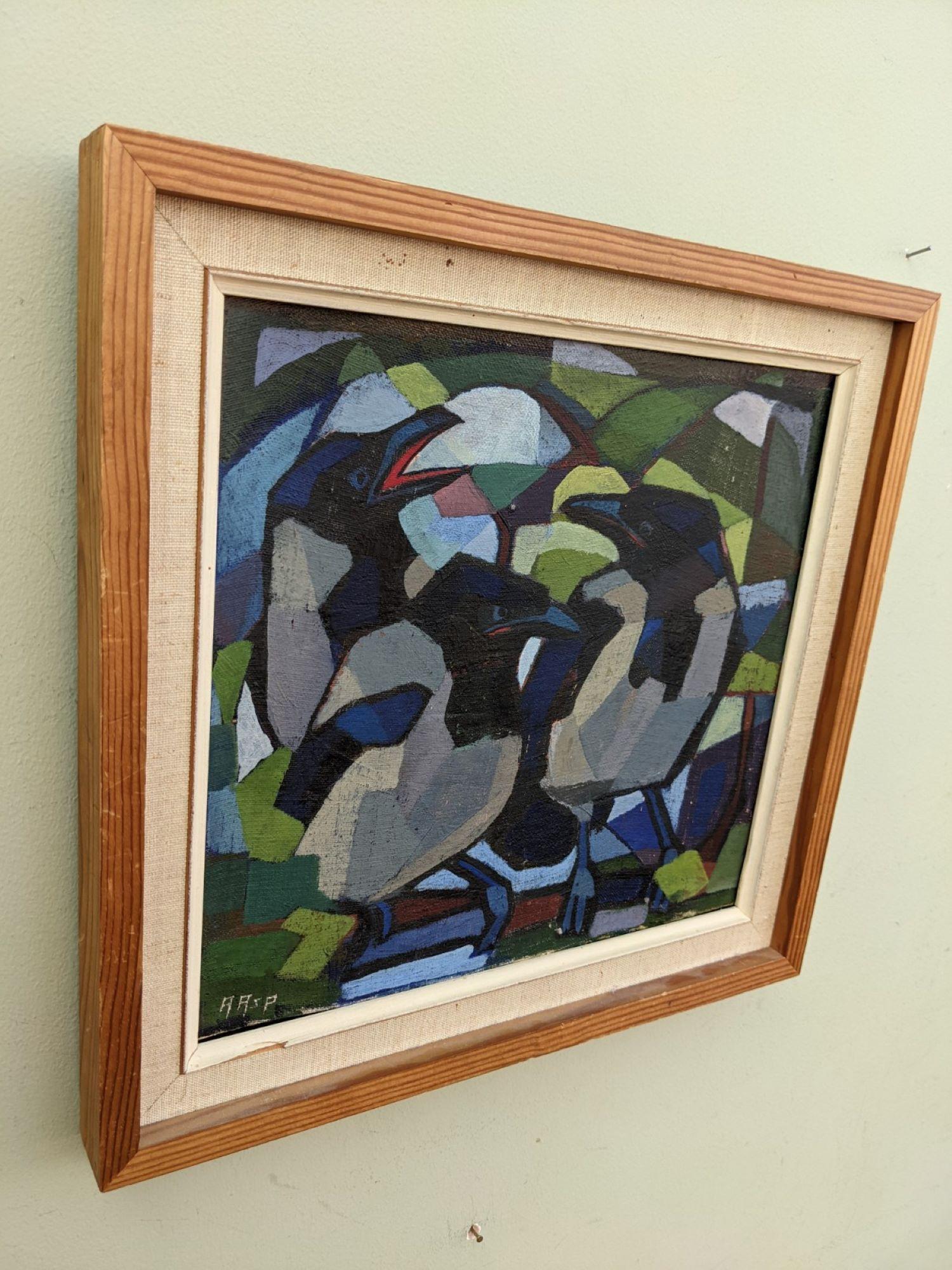 Vintage Mid Century Swedish Abstract Oil Painting of Birds, Framed - Magpies 3