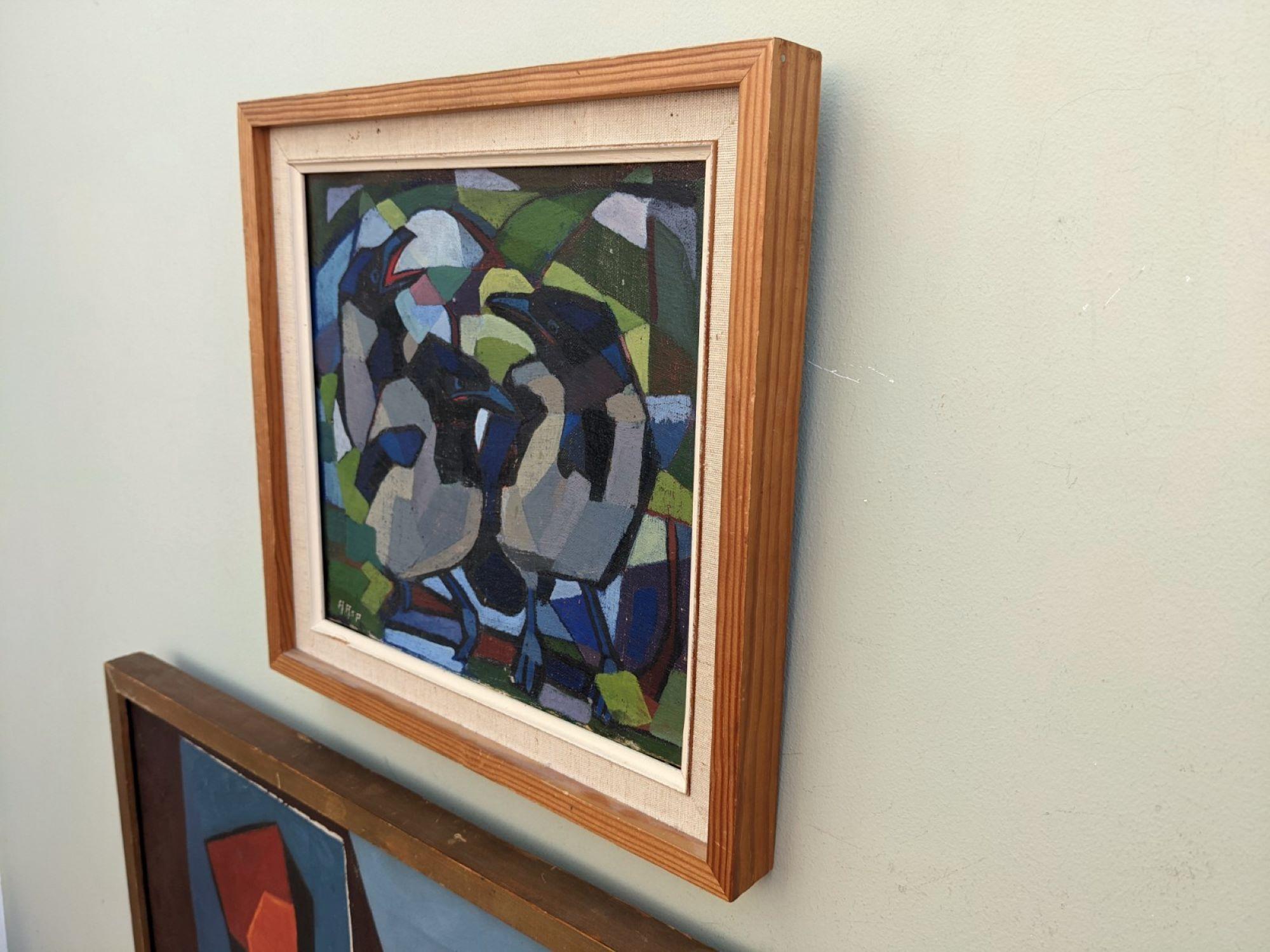 Vintage Mid Century Swedish Abstract Oil Painting of Birds, Framed - Magpies 4