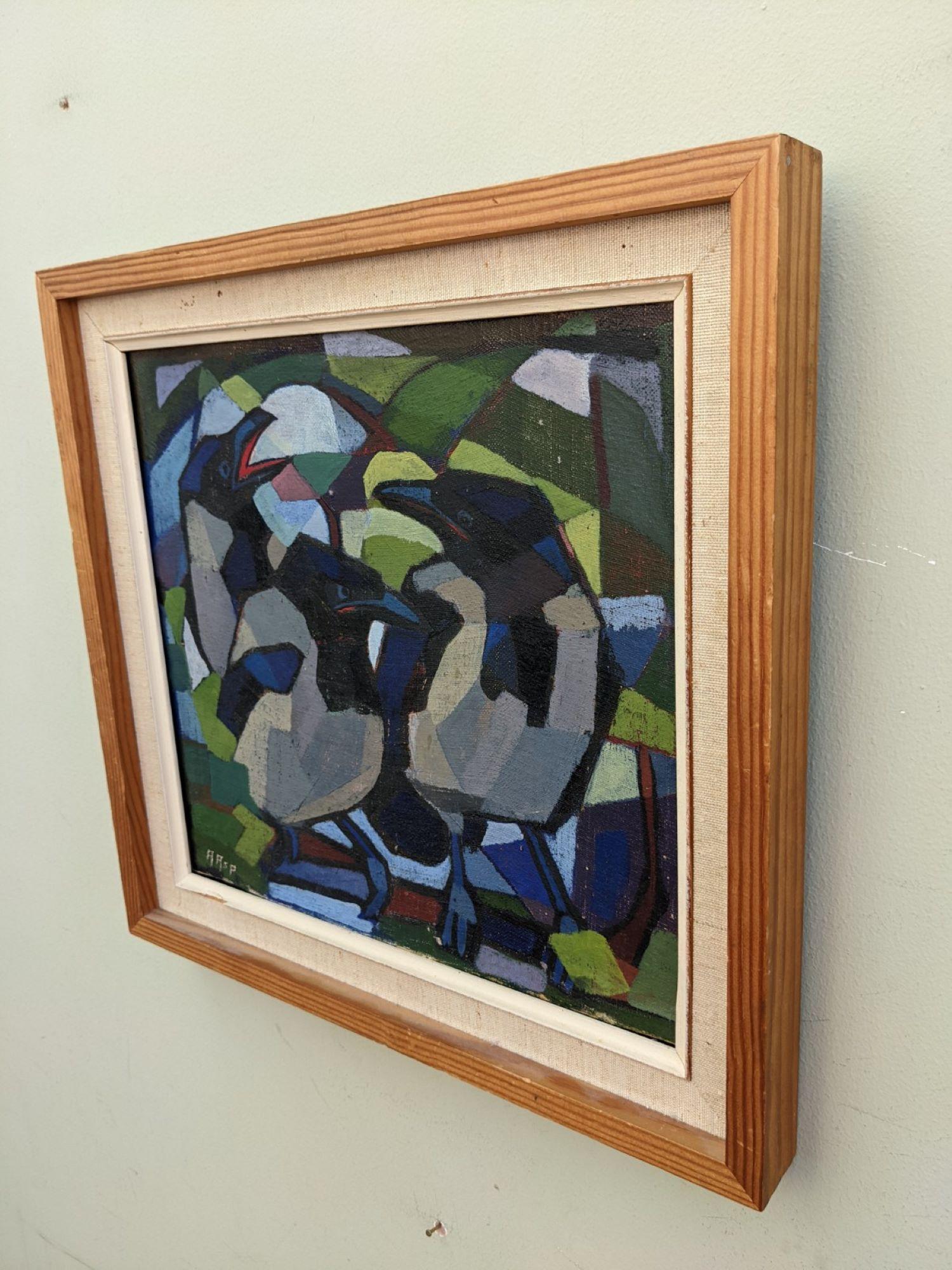 Vintage Mid Century Swedish Abstract Oil Painting of Birds, Framed - Magpies 5