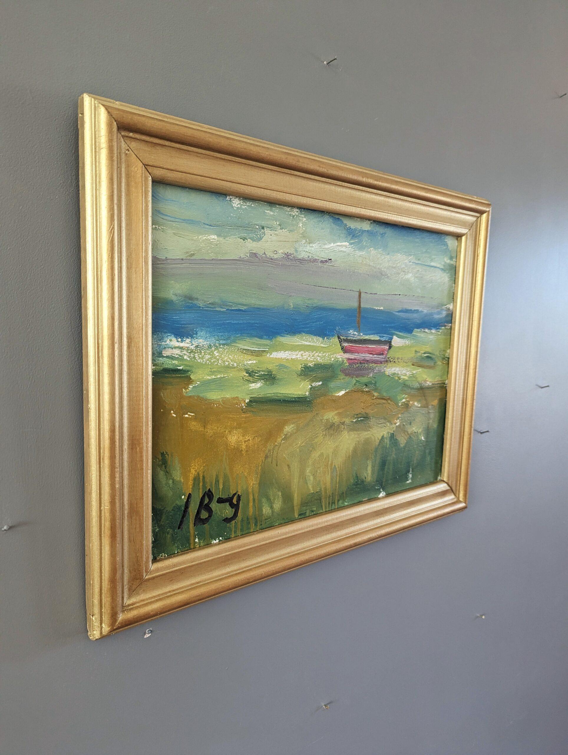 Schwedische abstrakte Meereslandschaft, Vintage, Ölgemälde, Mid-Century, Vintage, Coastal Splendour (Braun), Abstract Painting, von Unknown