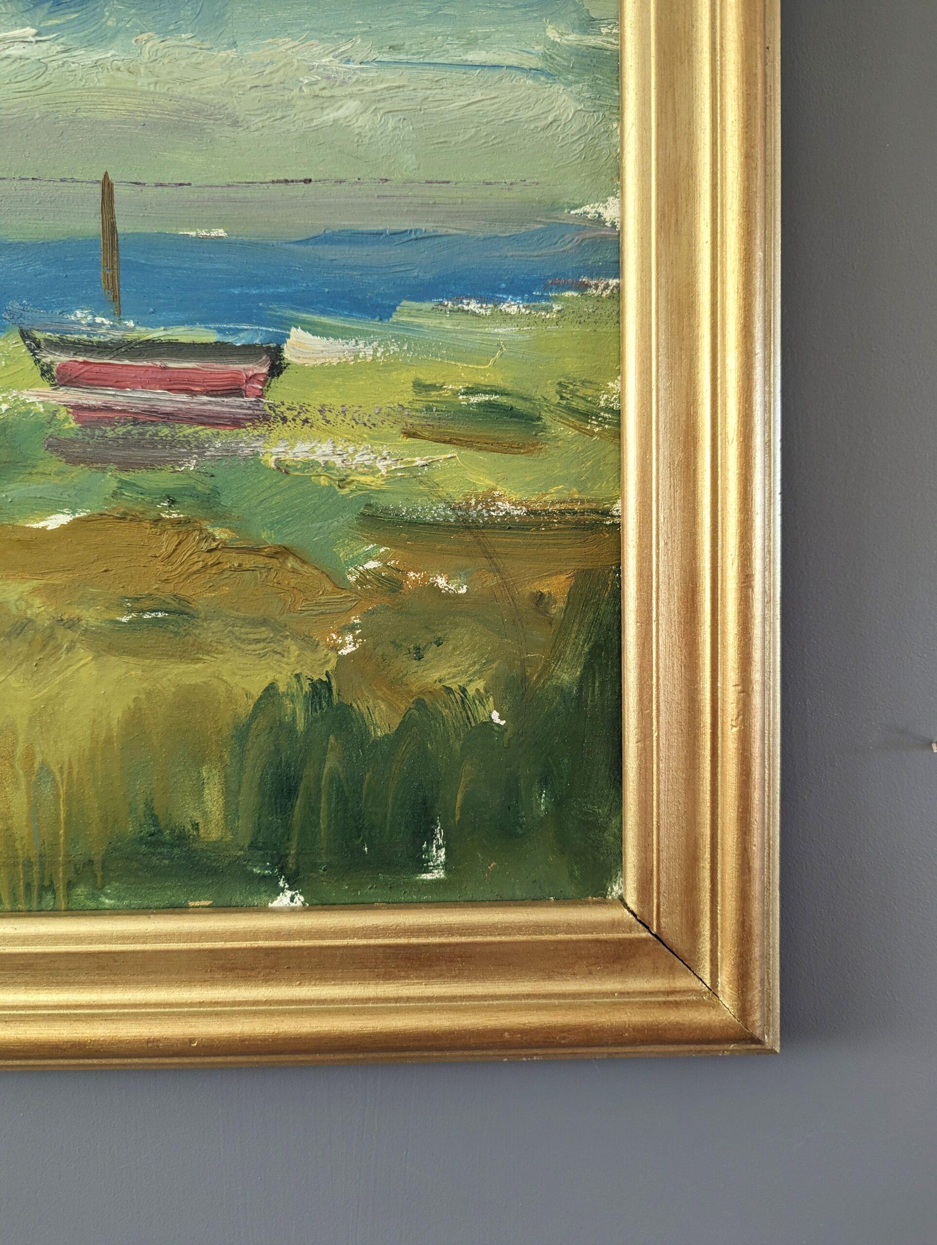 Vintage Mid-Century Swedish Abstract Seascape Oil Painting - Coastal Splendour For Sale 6